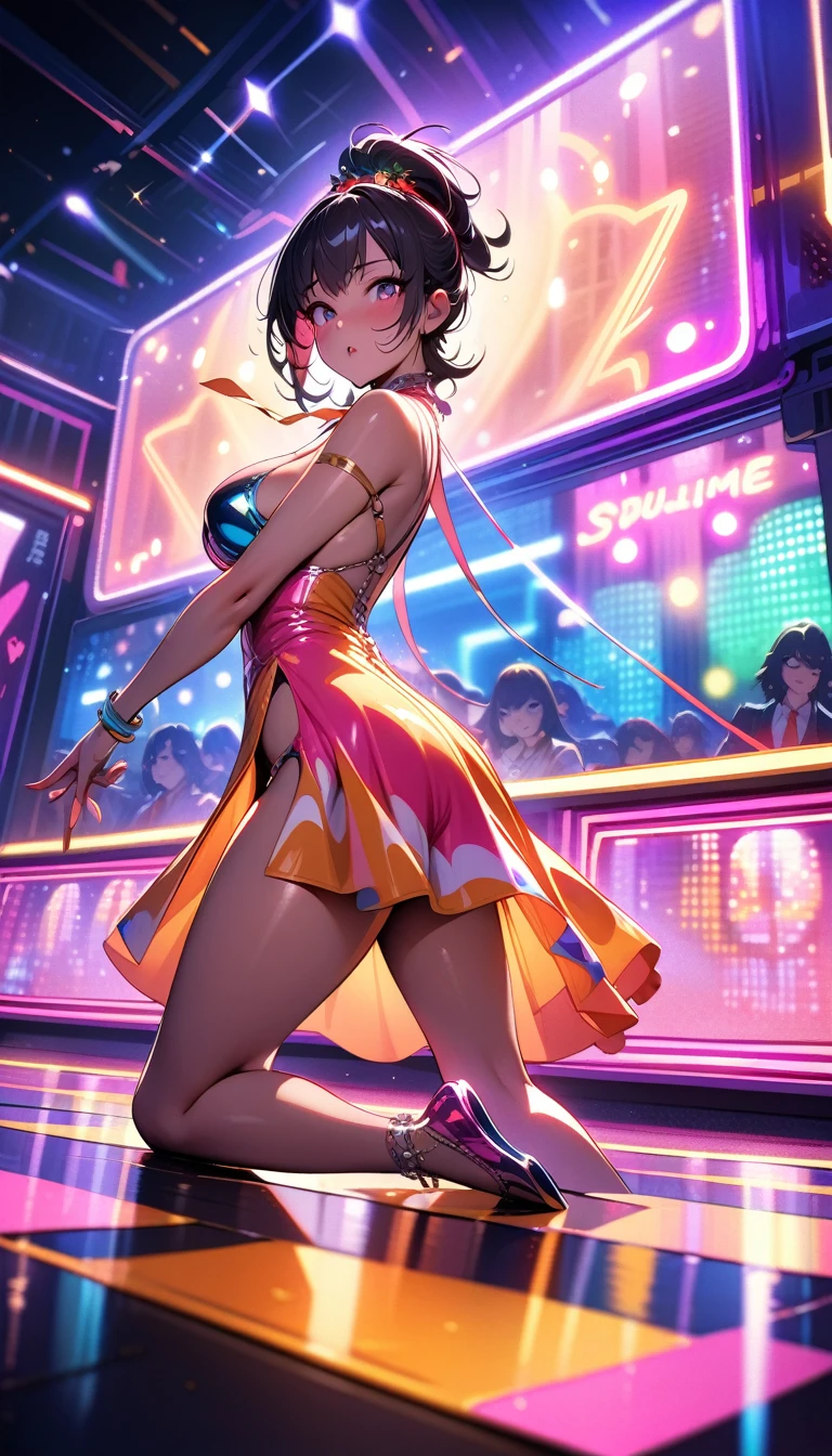 ((best quality)) , ((masterpiece)) , (detailed)，backlit photo of,  a [Libyan|Tibetan] (Simona:1.2) , Unattractive, Tie, Sublime Straps, at Twilight, Detailed illustration,Disco-themed Complex background, Vibrant, groovy, retro 70s style, shiny disco balls, neon lights, dance floor, highly detailed