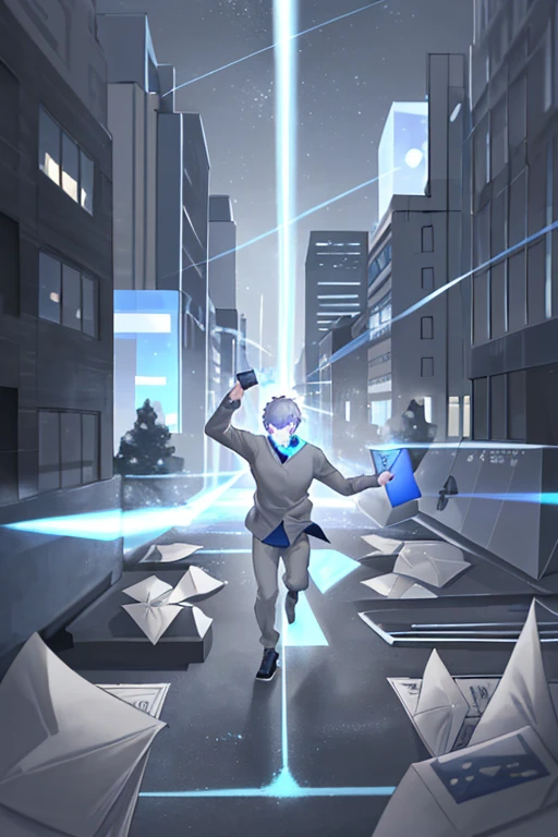 1 guy, Grey clothes, throws a blue glowing mail envelope, night city, particle sharpness, energy attack, the envelope leaves traces of light behind it, illustration