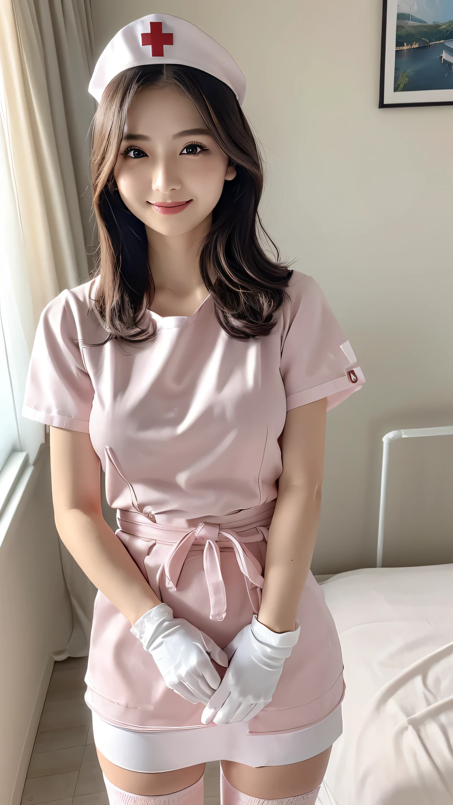 ((((, , Perfect Anatomy, Very detailed肌)))), 1 girl, Japanese, 19 years old, nurse, White skin, Glowing Skin, Large Breasts:0.5, Take in the view, (smile:1.5), Beautiful attention to detail, (Mid-length hair:1.1, Half Up:1.5), Blonde, blue eyes, Pink Lips, Baby Face, Mole under the eye, ((nurse cap, Short sleeve, light pink nurse wear, ((White legwear, zettai ryouiki)), White gloves)), (Beautiful views), Daytime, , ((In a hospital bedroom, Modern)), Are standing, (8k, Highest quality, Masterpiece​, Very detailed, ), (Realistic), figure, Cinema Lighting