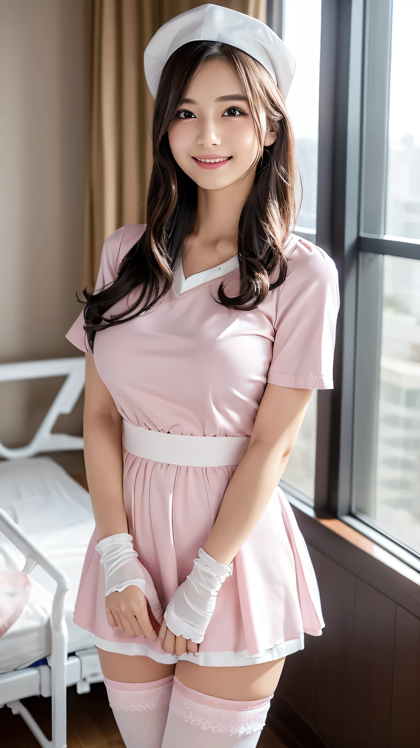 ((((, , Perfect Anatomy, Very detailed肌)))), 1 girl, Japanese, 19 years old, nurse, White skin, Glowing Skin, Large Breasts:0.5, Take in the view, (smile:1.5), Beautiful attention to detail, (Mid-length hair:1.1, Half Up:1.5), Blonde, blue eyes, Pink Lips, Baby Face, Mole under the eye, ((nurse cap, Short sleeve, light pink nurse wear, ((White legwear, zettai ryouiki)), White gloves)), (Beautiful views), Daytime, , ((In a hospital bedroom, Modern)), Are standing, (8k, Highest quality, Masterpiece​, Very detailed, ), (Realistic), figure, Cinema Lighting