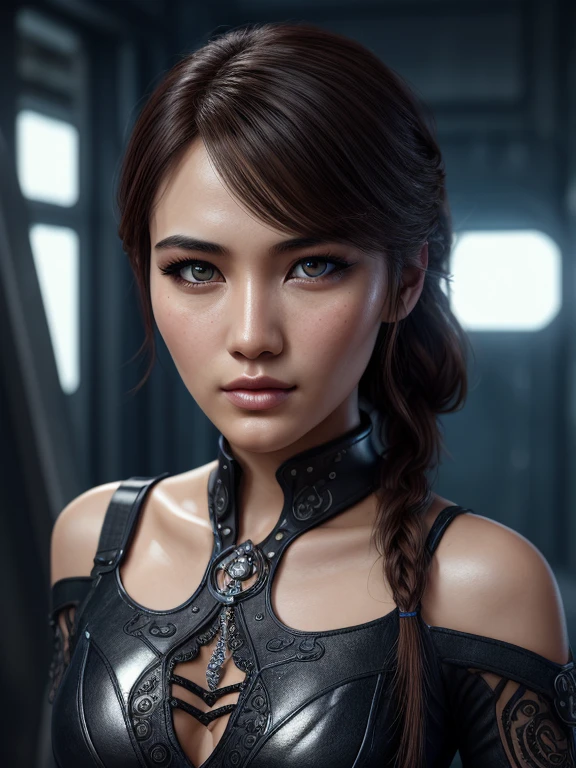 A beautiful  Christina Chong beautiful face, narrowed eyes. smirk. black braided hair with narrowed eyes, a smirk, and black braided hair, wearing an intricate ornate chrome bodysuit, hostile assassin, 1girl, beautiful detailed eyes, beautiful detailed lips, extremely detailed eyes and face, long eyelashes, cinematic lighting, hyper realistic, 8k, high quality, masterpiece, photorealistic, professional, sharp focus, vivid colors, dark sci-fi, cyberpunk, advanced technology
