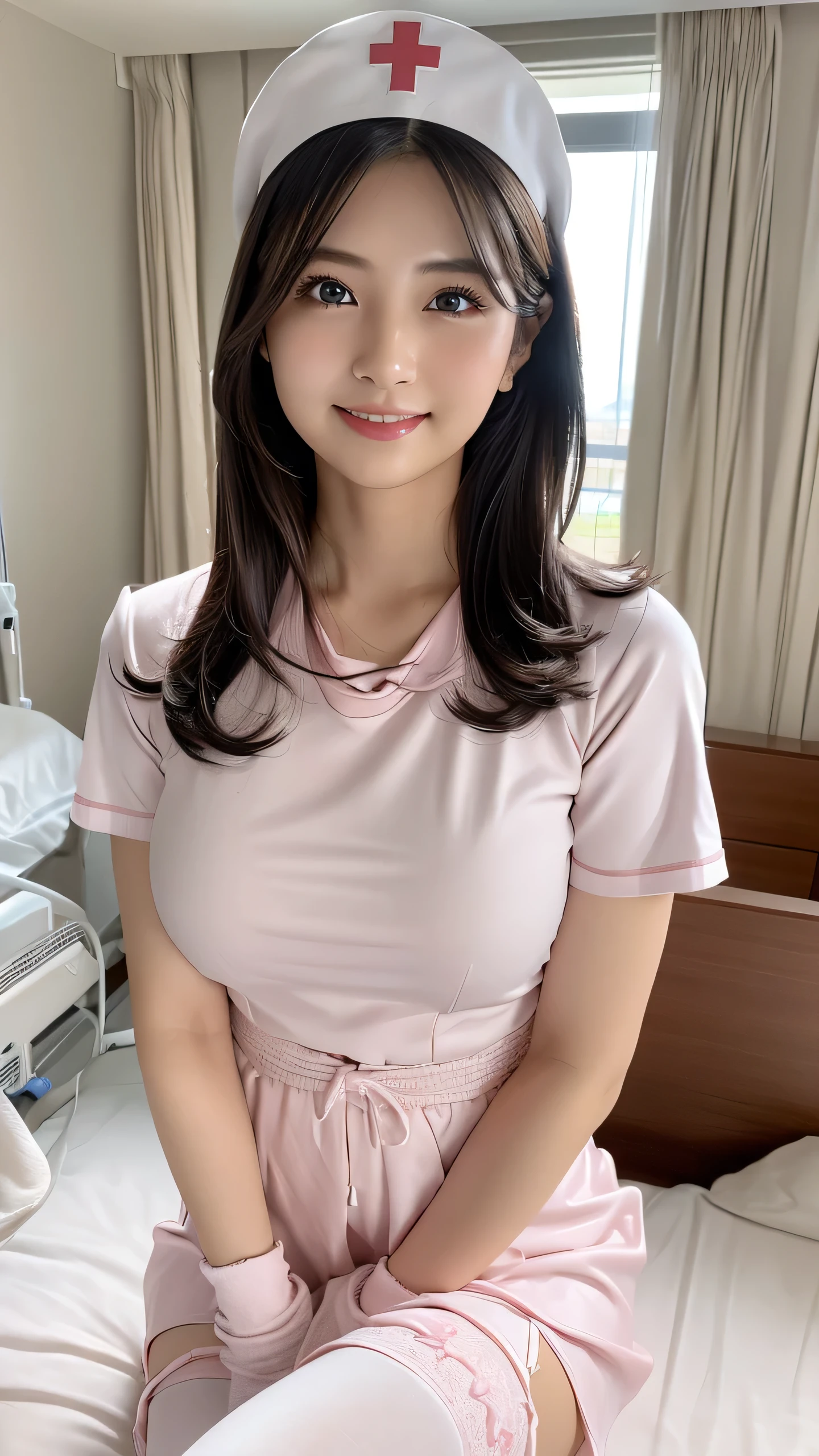 ((((, , Perfect Anatomy, Very detailed肌)))), 1 girl, Japanese, 19 years old, nurse, White skin, Glowing Skin, Large Breasts:0.5, Take in the view, (smile:1.5), Beautiful attention to detail, (Mid-length hair:1.1, Half Up:1.5), Blonde, blue eyes, Pink Lips, Baby Face, Mole under the eye, ((nurse cap, Short sleeve, light pink nurse wear, ((White legwear, zettai ryouiki)), White gloves)), (Beautiful views), Daytime, , ((In a hospital bedroom, Modern)), Are standing, (8k, Highest quality, Masterpiece​, Very detailed, ), (Realistic), figure, Cinema Lighting