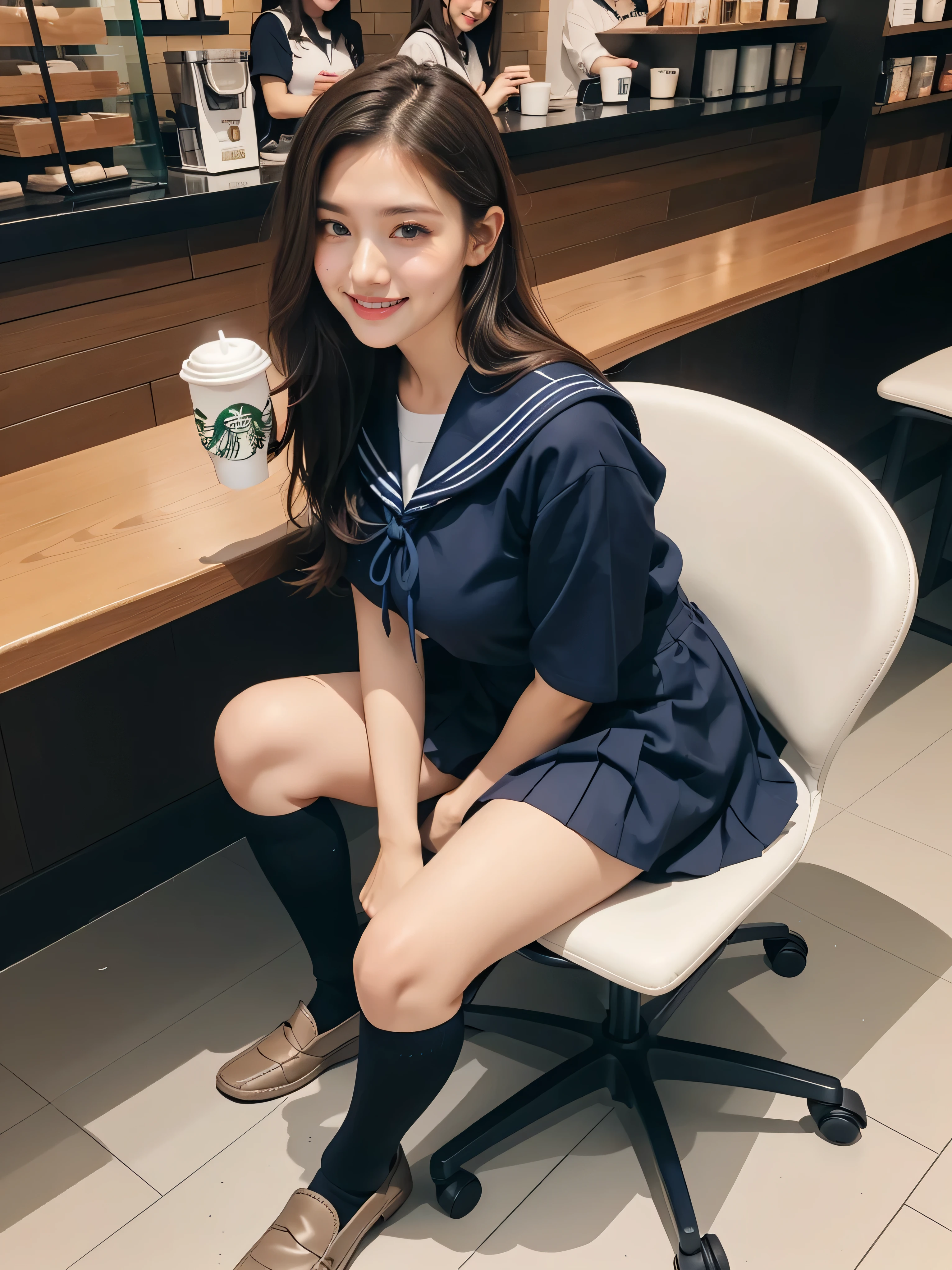 (masterpiece, Highest quality:1.2), One Girl, alone, whole body, Big Breasts,, Brown Hair,Big Breasts, Brown eyes, Mature Woman, whole body, Brown Hair, lipstick, ランダムなカラーのSailor suit、((High quality fabric, Sailor suit, Navy Pleated Skirt)), ((Short length)), zettai ryouiki, Exposing your thighs, White skin, (White knee-high socks), ((Wear black loafers))、Super long brown hair,Hair with loose waves inside,reaching down to the waist,((A shy smile:1.3)),((At Starbucks Coffee、Sitting on a chair))、From an oblique angle above、Selfie,