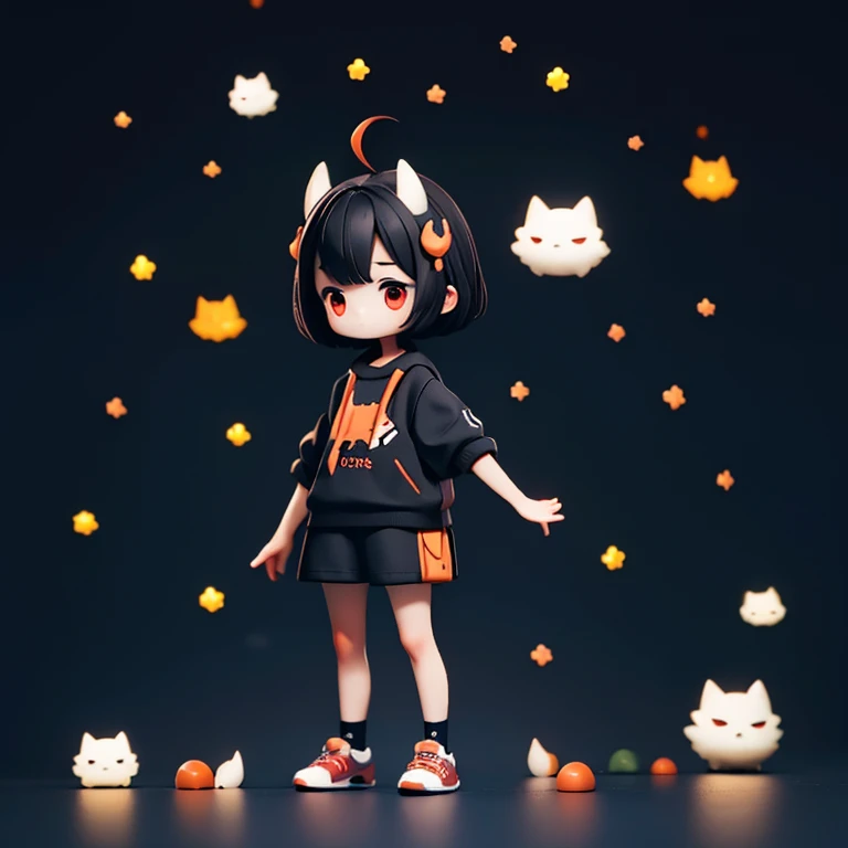 Young Girl,,Mini character,Red eyes,Black Hair,Dark atmosphere,Deformed character,Horns growing,Ahoge,Short Hair,Short Hair,Very Short Hair,slender,Slender,Watching the audience,Facing the screen,Standing with your legs apart,Even the toes are visible,Even the toes are visible,