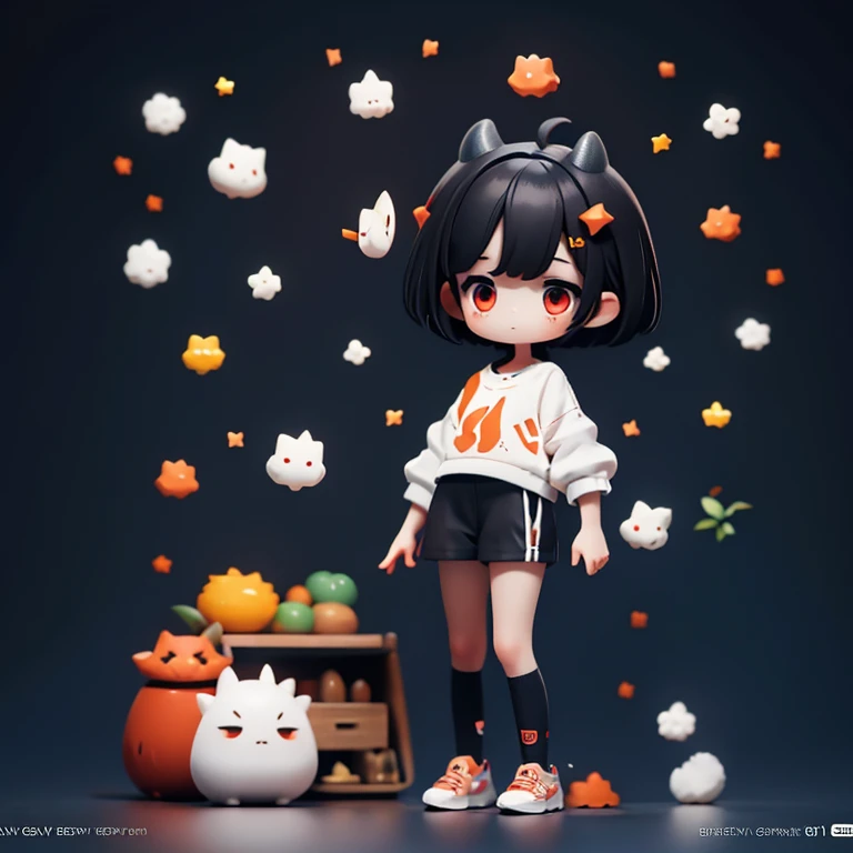 Young Girl,,Mini character,Red eyes,Black Hair,Dark atmosphere,Deformed character,Horns growing,Ahoge,Short Hair,Short Hair,Very Short Hair,slender,Slender,Watching the audience,Facing the screen,Standing with your legs apart,Even the toes are visible,Even the toes are visible,
