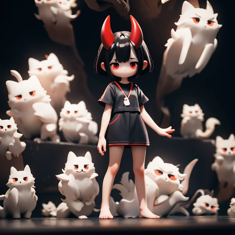 Young Girl,,Mini character,Red eyes,Black Hair,Dark atmosphere,Deformed character,Horns growing,Ahoge,Short Hair,Short Hair,Very Short Hair,slender,Slender,Watching the audience,Facing the screen,Standing with your legs apart,Even the toes are visible,Even the toes are visible,