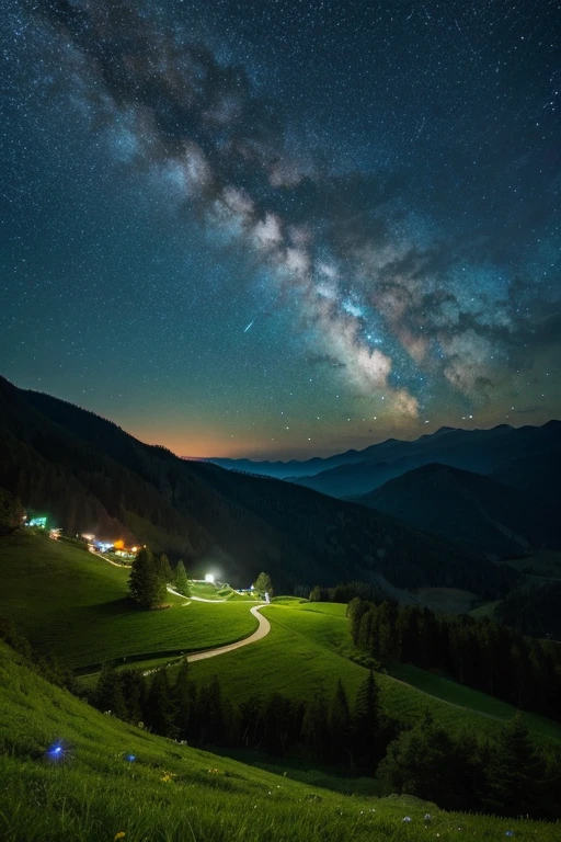 Mountain、green、night、Starry Sky