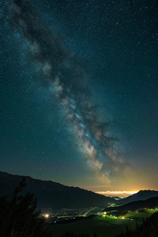 Mountain、green、night、Starry Sky