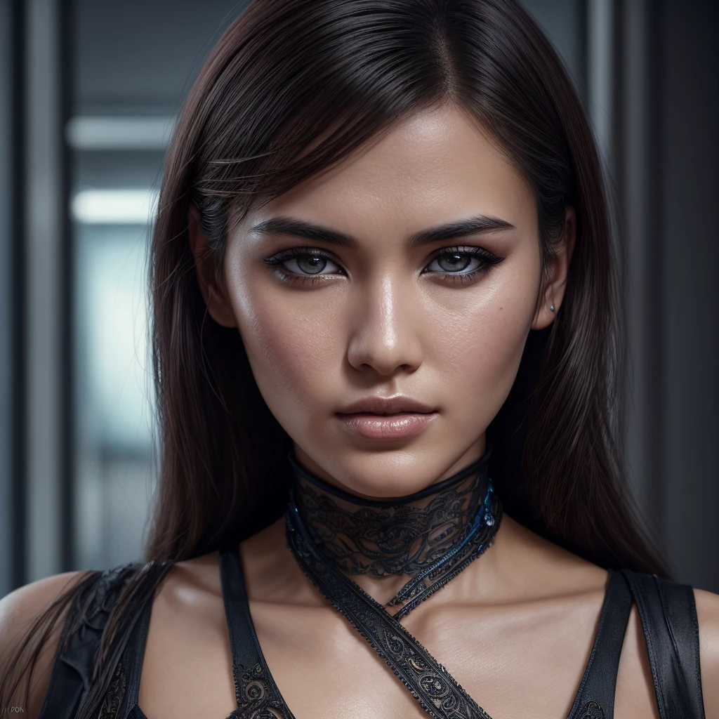 A beautiful Christina Chong beautiful face, narrowed eyes. smirk. black braided hair with narrowed eyes, a smirk, and black braided hair, wearing an intricate ornate chrome bodysuit, hostile assassin, 1girl, beautiful detailed eyes, beautiful detailed lips, extremely detailed eyes and face, long eyelashes, cinematic lighting, hyper realistic, 8k, high quality, masterpiece, photorealistic, professional, sharp focus, vivid colors, dark sci-fi, cyberpunk, advanced technology
