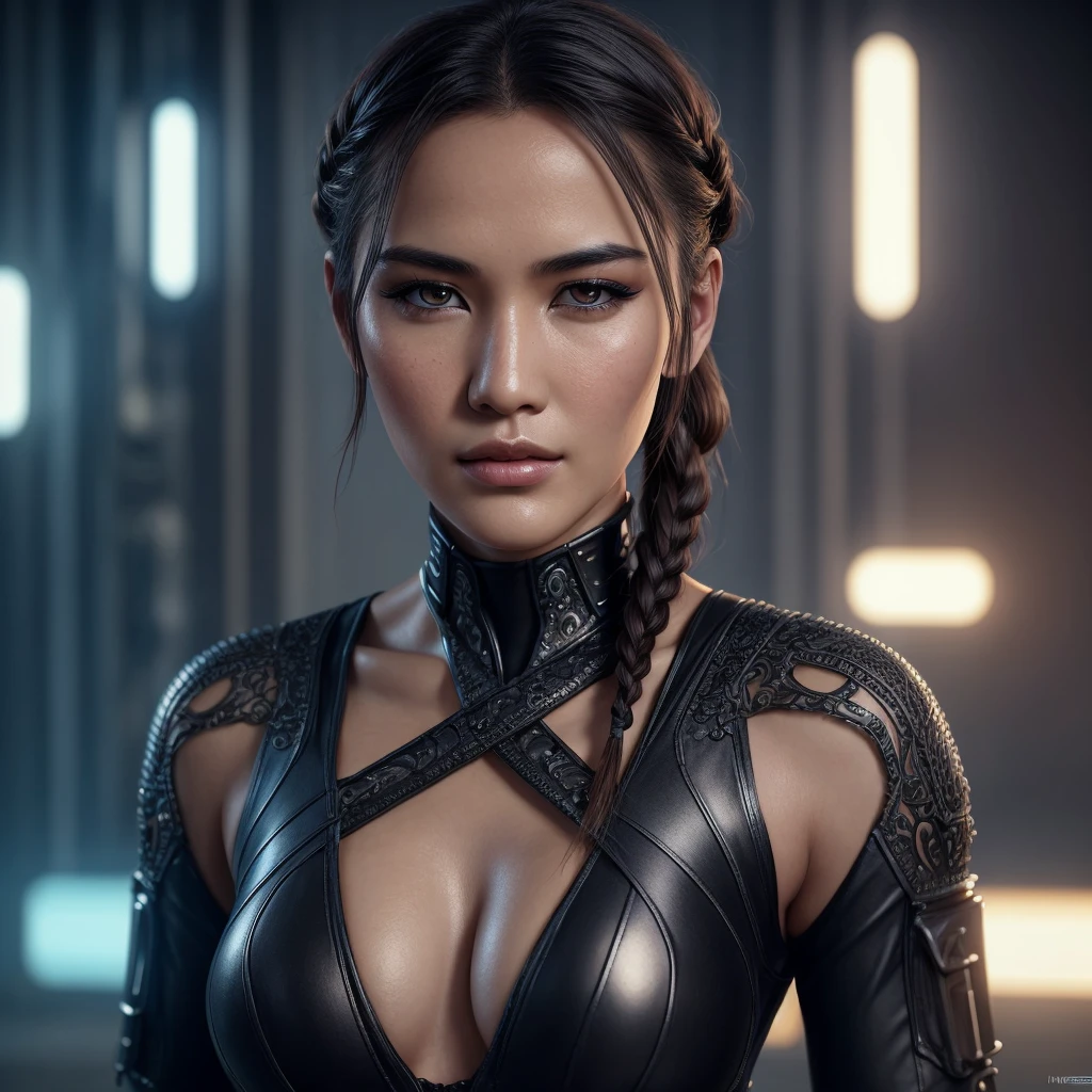 A beautiful Christina Chong beautiful face, narrowed eyes. smirk. black braided hair with narrowed eyes, a smirk, and black braided hair, wearing an intricate ornate chrome bodysuit, hostile assassin, 1girl, beautiful detailed eyes, beautiful detailed lips, extremely detailed eyes and face, long eyelashes, cinematic lighting, hyper realistic, 8k, high quality, masterpiece, photorealistic, professional, sharp focus, vivid colors, dark sci-fi, cyberpunk, advanced technology