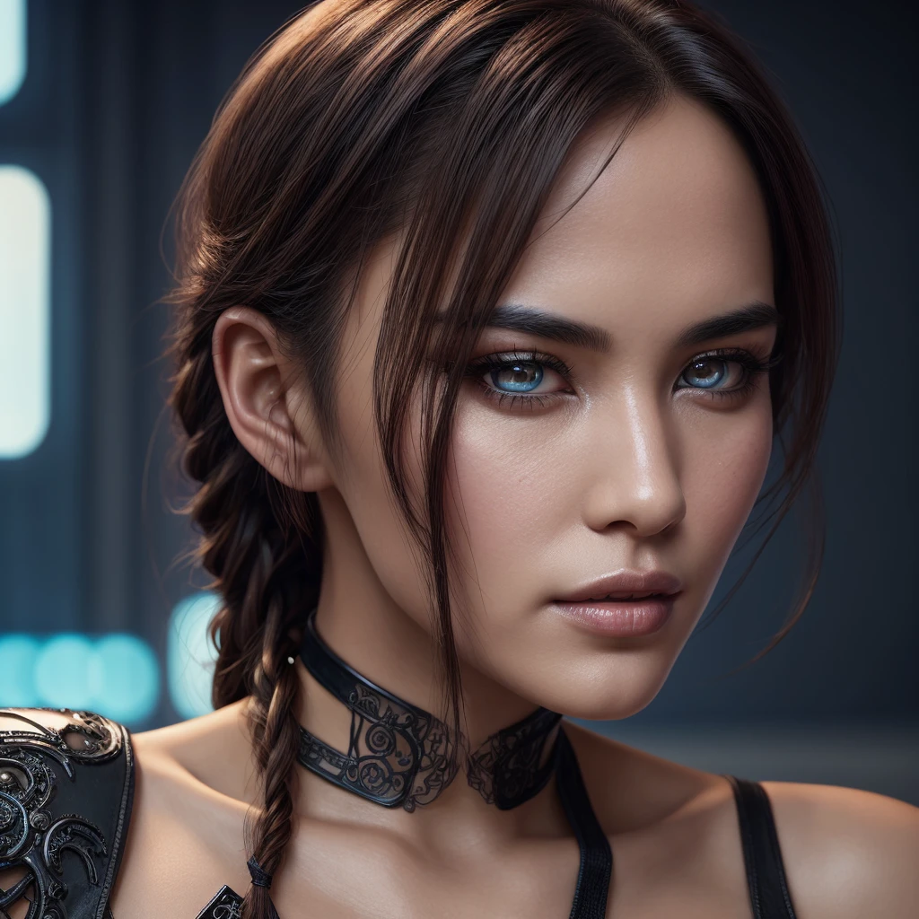 A beautiful Christina Chong beautiful face, narrowed eyes. smirk. black braided hair with narrowed eyes, a smirk, and black braided hair, wearing an intricate ornate chrome bodysuit, hostile assassin, 1girl, beautiful detailed eyes, beautiful detailed lips, extremely detailed eyes and face, long eyelashes, cinematic lighting, hyper realistic, 8k, high quality, masterpiece, photorealistic, professional, sharp focus, vivid colors, dark sci-fi, cyberpunk, advanced technology
