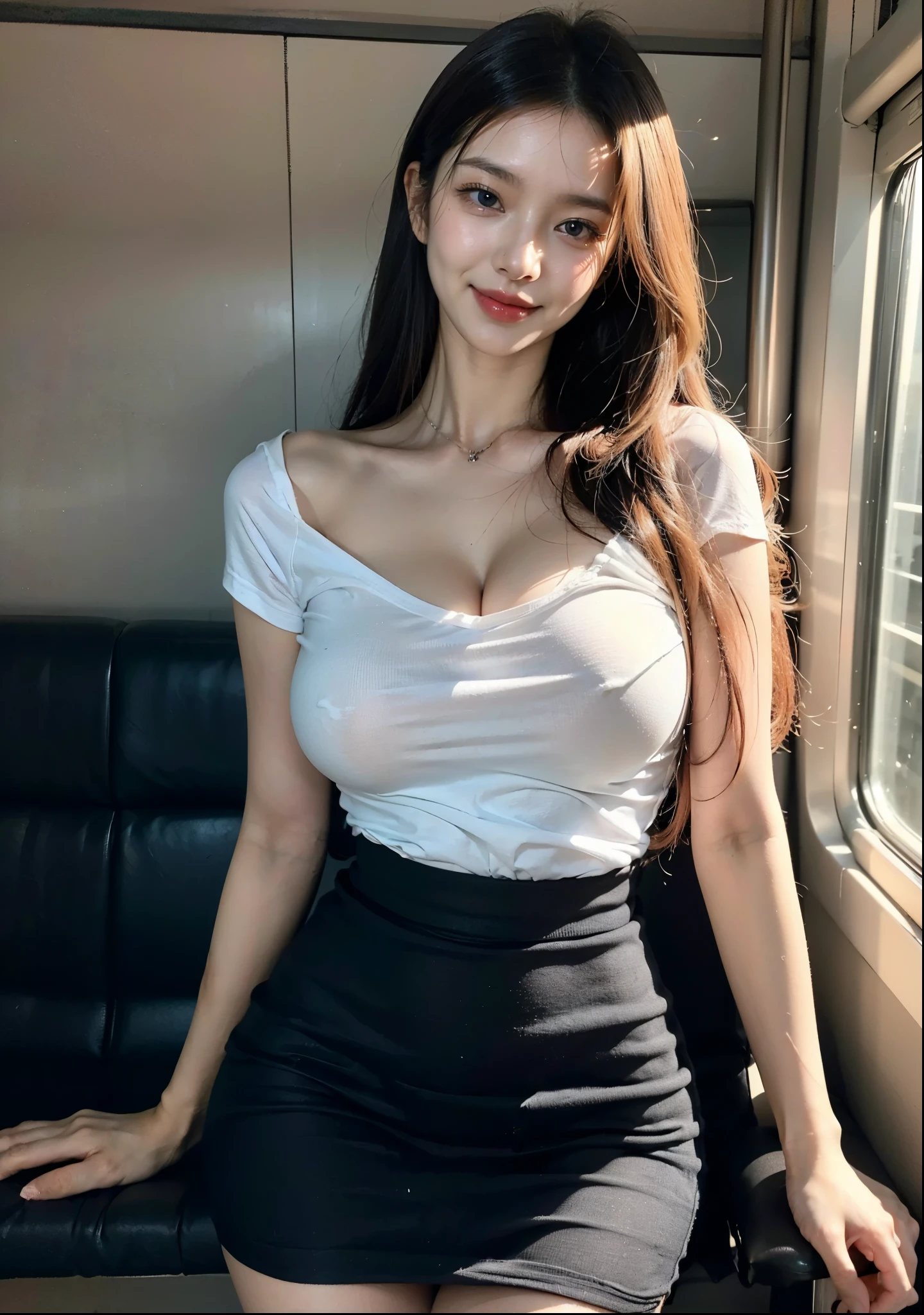 (masterpiece:1.3), (realistic:1.3), 8k, Very high resolution, overexposure, ((bright lights)), dynamic lighting, detailed hair, Real Hands, 1 girl, 디테일페this스, detailseye, 얼굴this 예쁜 25세 소녀 , sister, blue eyes, long brown hair, big bust, pure_split, sexy body, perfect body, (translucent white skin:1.5), 귀걸this, blush, very funny, laugh, bright smile, lovely smile, this, (minuscule, Tight-fitting office clothes:1.3),minuscule, 타this트핏 탑, Hard_Dressed up, (unbuttoned:1.2),split 쇼, mini skirt, very short skirt,standing, sexy woman, Inside a crowded train, Full-body portrait,frightened, autumn,Carinalorash, (((masturbation:1.2))), (((I play with myself:1.2)))