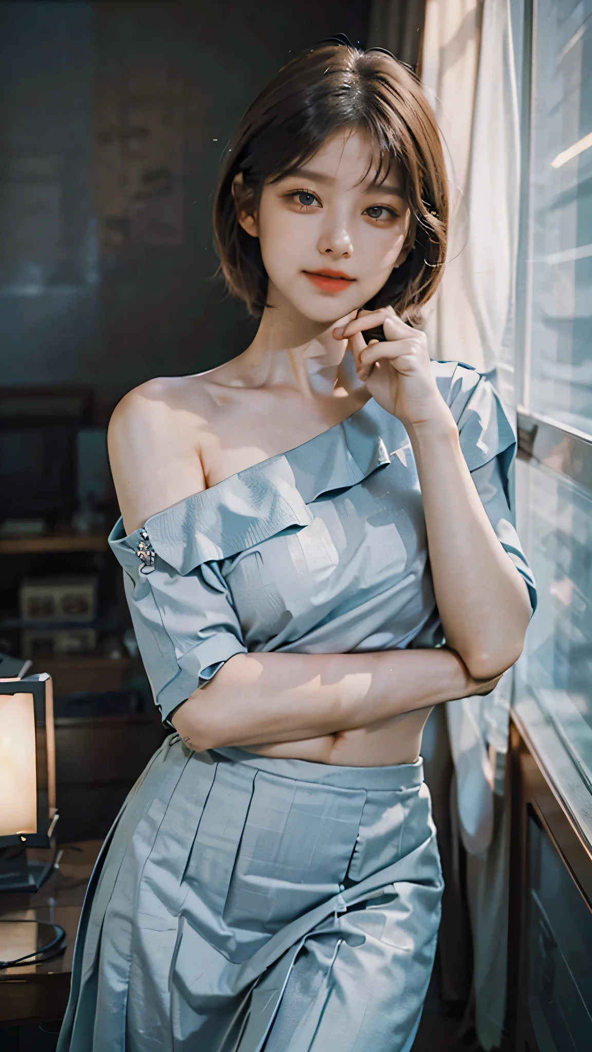 (highest resolution, distinct_image), best quality, masterpiece, highly detailed, semi realistic, a woman with shoulder length hair, black pupils, mature, mature woman, imperial sister, sexy, short hair, triple bangs, light blue uniform, light blue pleated skirt, Korean high , fighter front, future, science fiction, universe