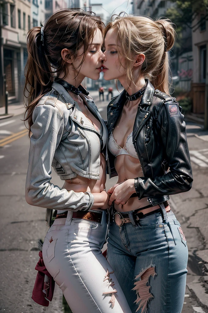 (Detailed illustrations, Very detailed and detailed drawing, Delicate lines with slow and rapid, Realistic texture expression), Two women with long blond or ginger hair, ponytail or messy hair, (((passionate kissing))), kiss, (((eyes closed))), (((closed eyes))), erotic, (((one girl is touching the other sensually and grabbing her crotch))), ((intimate)), ((hand in pants)), ((empty street playground background with graffiti)), (((very skinny figure, very thin waist, very narrow hips, very slim legs, large breast, athletic body))), punk, ((white bra)), exposed midriff, (((ripped and worn down jeans))), ((navel piercing)), strong abs, ((black collars)), ((((small open leather jacket)))), ((studded belt))