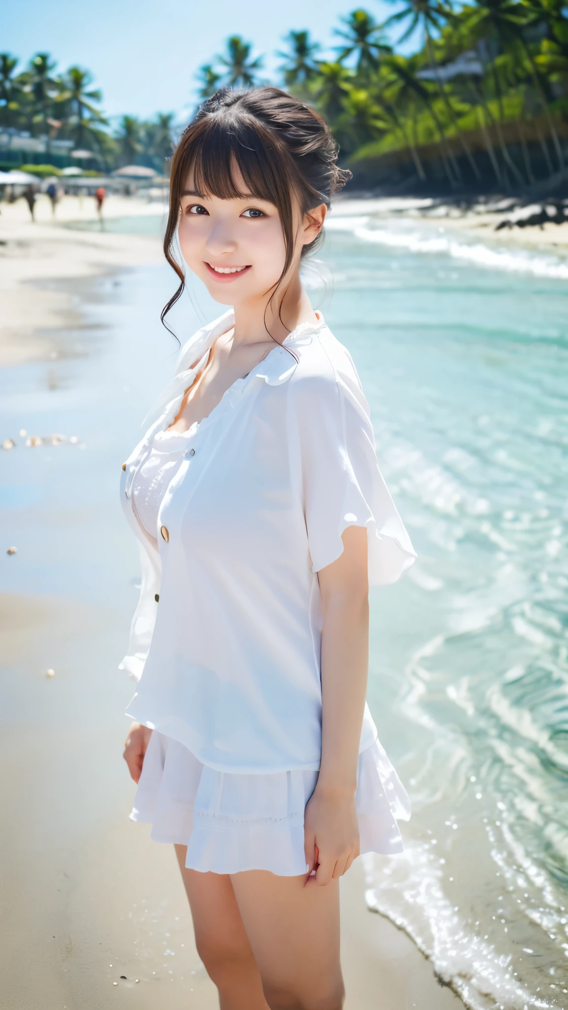 masterpiece, top-quality, high resolution, 8K, 1girl, , cute japan, (highly detailed background), full body, happy, Large breasts, (White shirt, Detailed clothing), looking in camera, (the beach:1.5)