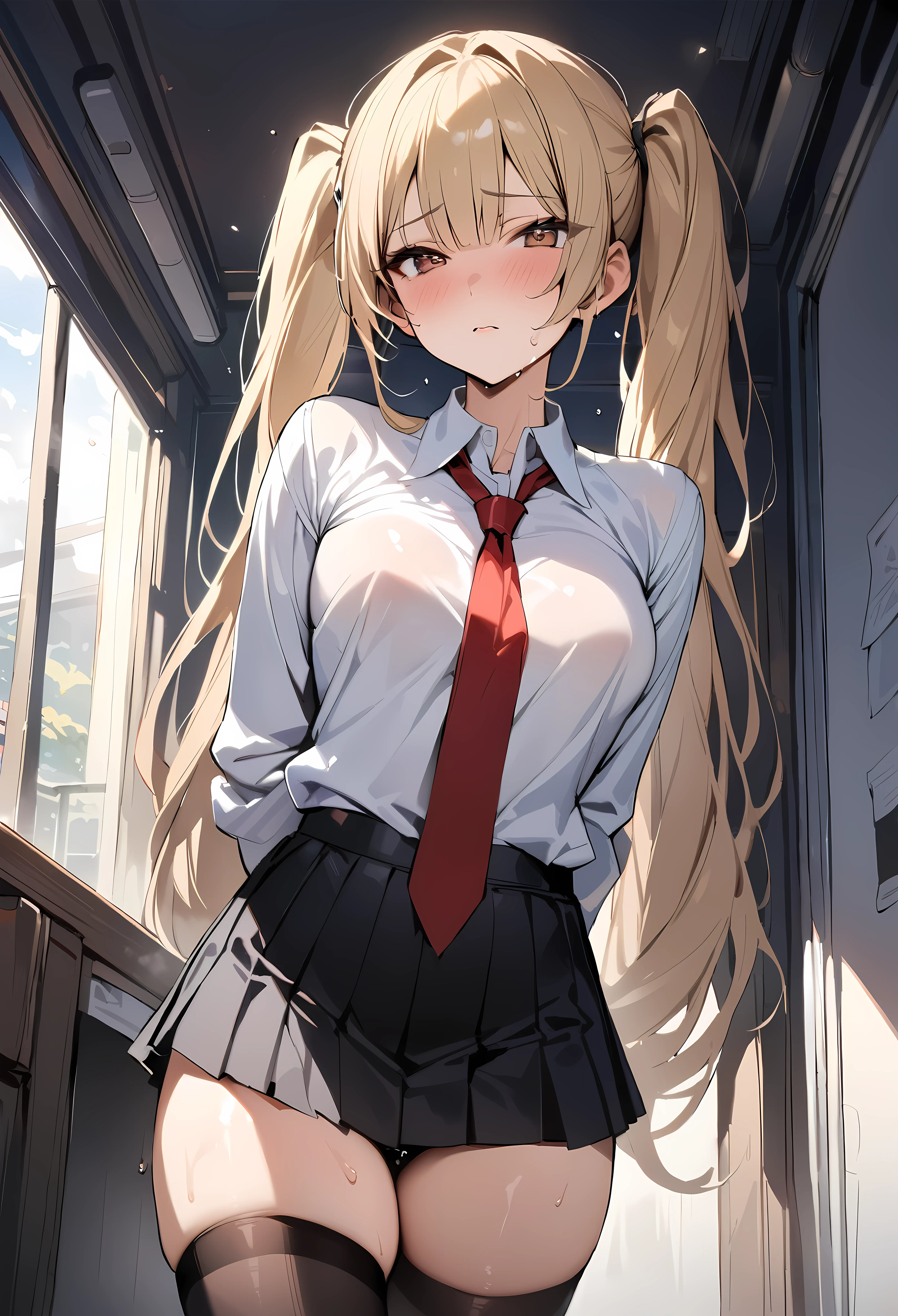 ((masterpiece,best quality anime,Highest quality:1.3)),cowboy shot,Mature Beauty,solo,1woman,((very small head:1.3)),((ideal ratio body proportions:1.2)),blonde hair,high twin tails,straight long hair,bangs,gorgeous eyes,brown eyes,shy,(White collared shirt、Long sleeve、Red tie、Black pleated mini skirt),black_thighhighs,black hair_ties,((slender body,skinny)),medium breasts,sweat:1.3,gleaming skin,shiny skin,arms behind back,standing,Dimly lit nurse&#39;s office、Simple bed、Academy、Modern Tokyo、nsfw,