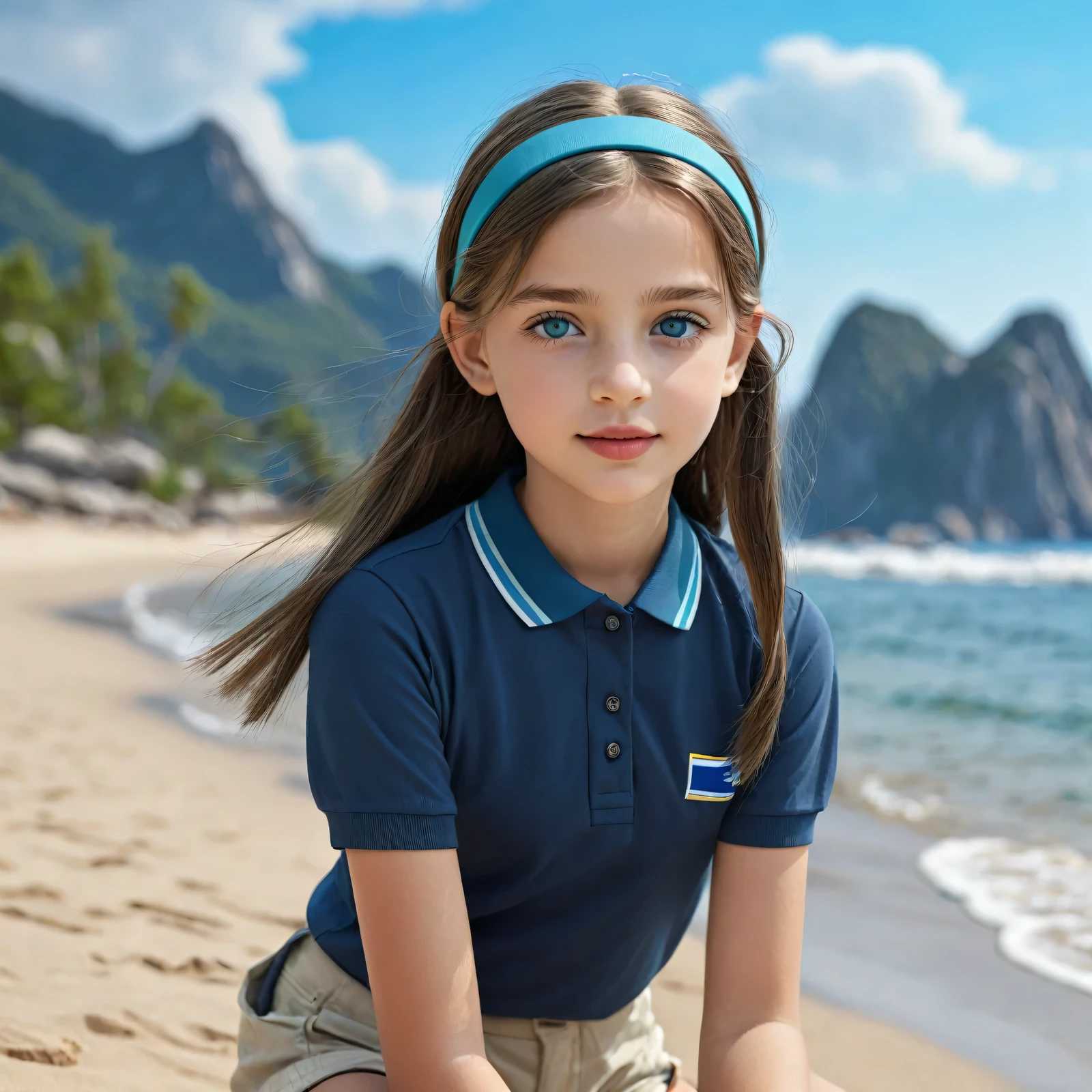 a finnish girl, (thin smile:0.3), (dark cyan hairband:1.2), (polo shirt:1.3), (shorts:1.2), (beach, sea, mountains:0.8), (beautiful detailed eyes, beautiful detailed lips, extremely detailed eyes and face, long eyelashes:1.35), (best quality,4k,8k,highres,masterpiece:1.2),ultra-detailed,(realistic,photorealistic,photo-realistic:1.37),HDR,UHD,studio lighting,ultra-fine painting,sharp focus,physically-based rendering,extreme detail description,professional,vivid colors,bokeh,landscape,realism