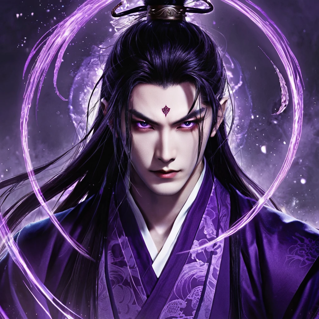 I want a human with a more human appearance and of Japanese ethnicity, man, I want him to have an extremely strong purple demonic aura that surrounds his entire being, This man will have long hair and wear Daimyo's luxury clothes, will have scarlet purple eyes and appear to be 26 years old at most. captured in an ultra-realistic full HD 4K portrait, detailed texture showing its menacing shape, Immersive atmosphere, high definition shadow play, digitalpainting, nevoa no environment. I want a different monster from each other and make the image darker, obscure, creating a dark and dimly lit horror atmosphere!