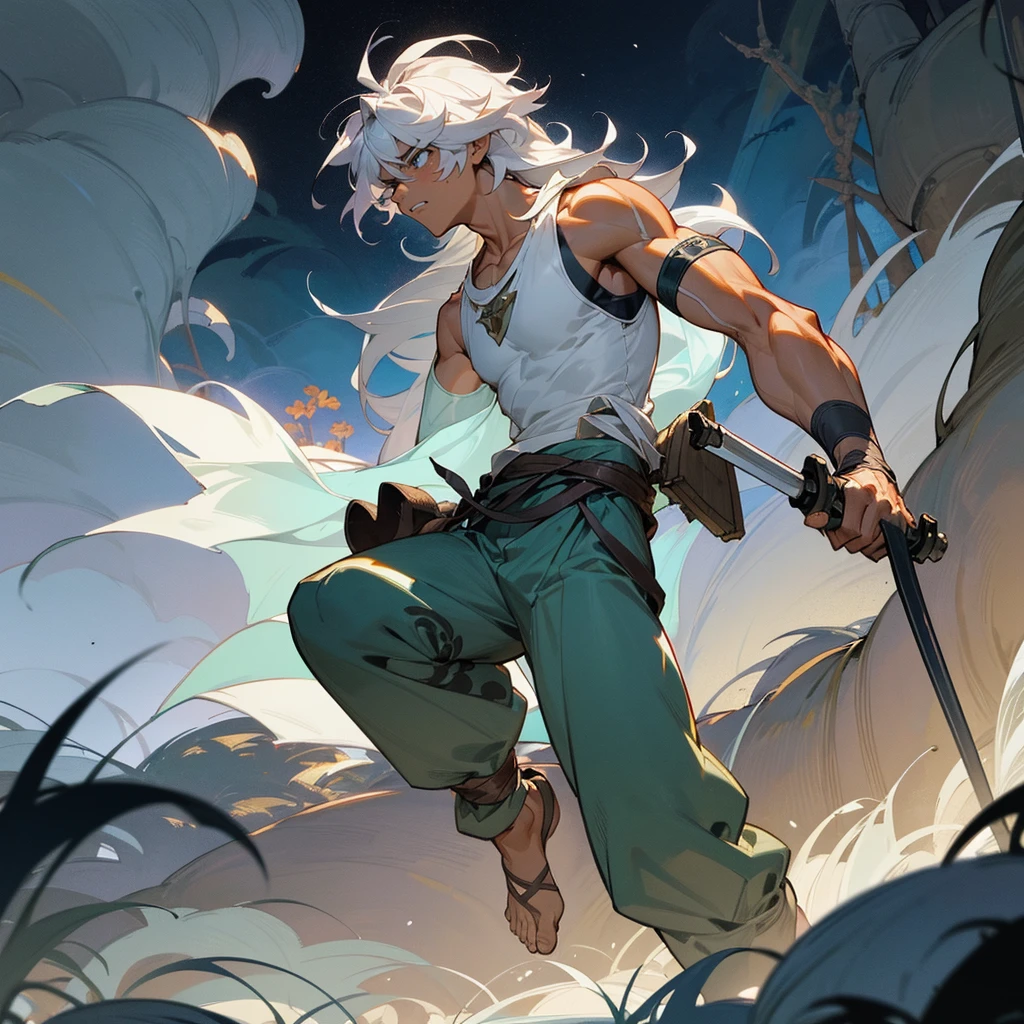 1male, muscular, tan skin, young teen, finely detailed lavander eyes, wild long hair, messy hair, seashell white color hair, adventurer gear, sleeveless shirt, baggy combat pants, night time, dark forest, somber expression, angry, flowers, standing on path, lanturns, black armband, cut over eyebrow