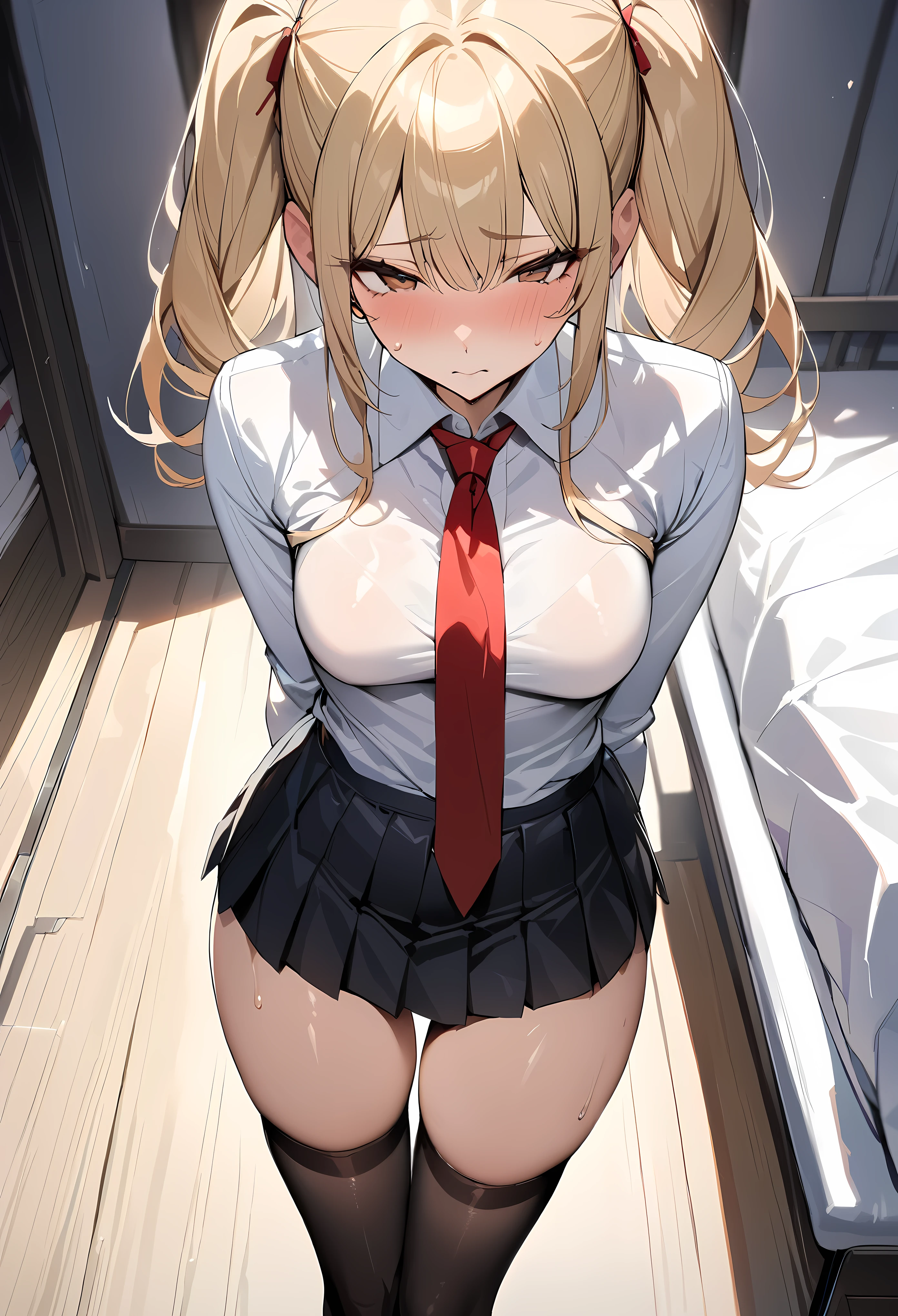 ((masterpiece,best quality anime,Highest quality:1.3)),cowboy shot,Mature Beauty,solo,1woman,((very small head:1.3)),((ideal ratio body proportions:1.2)),blonde hair,high twin tails,straight long hair,bangs,gorgeous eyes,brown eyes,shy,(White collared shirt、Long sleeve、Red tie、Black pleated mini skirt),black_thighhighs,black hair_ties,((slender body,skinny)),medium breasts,sweat:1.3,gleaming skin,shiny skin,arms behind back,standing,Dimly lit nurse&#39;s office、Simple bed、Academy、Modern Tokyo、nsfw,