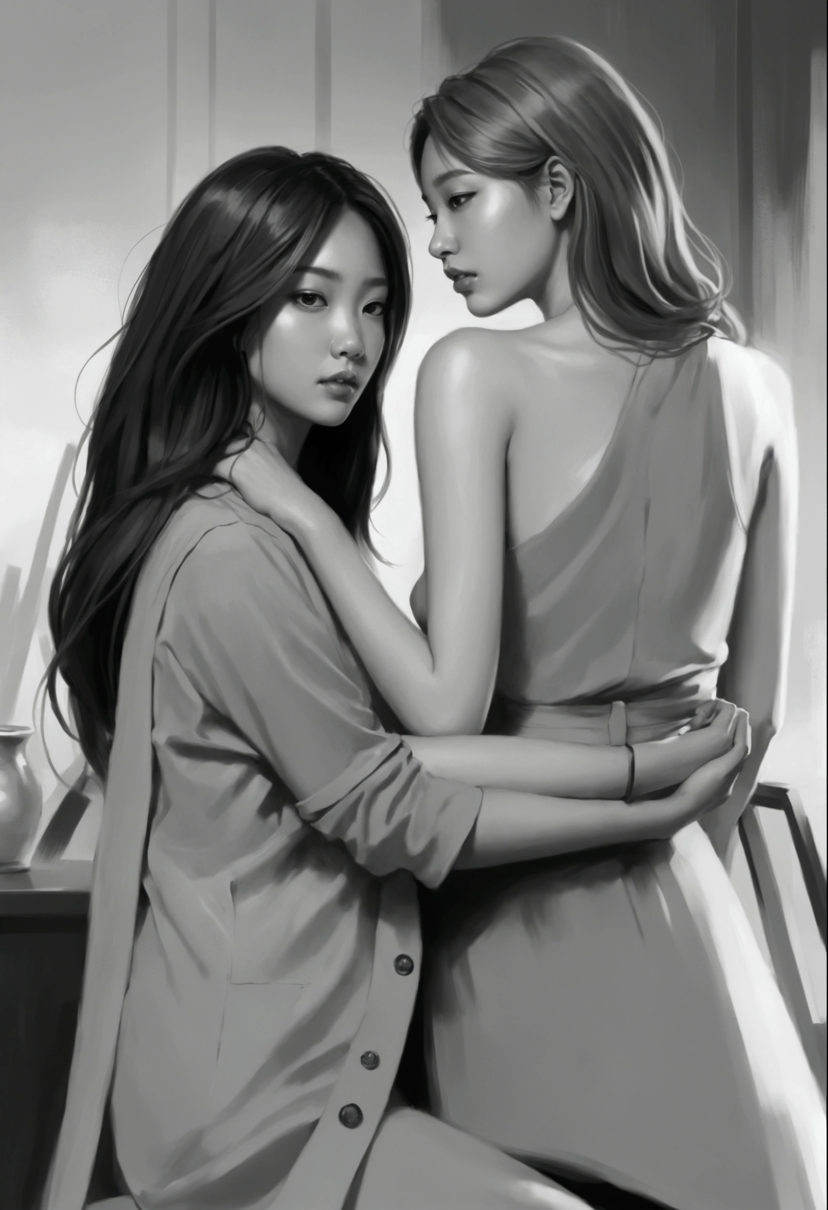 Black and white photograph of two women in a room, Black and white sketch, Style in digital painting, In the art form of the pond, Full grayscale painting, Lesbian Art, art sketch, black and white illustrations, Inspired by Jeon Seok Lee, Digital illustrations -, digital sketch, digital pencil drawing, โดย Jeong Seon, In Charlie Bowater style