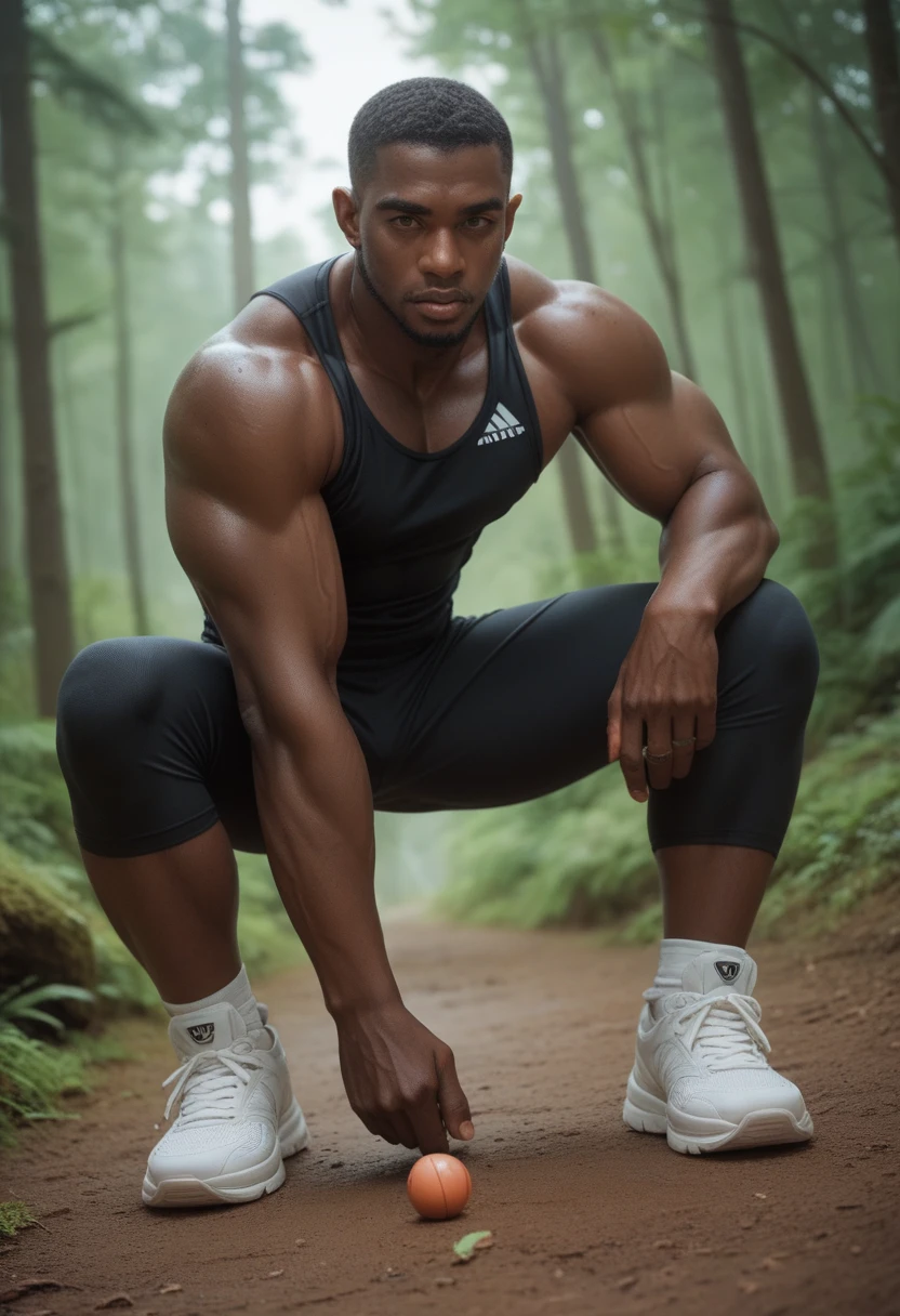 An athletic dark-skinned man working out in the forest on a sports ground