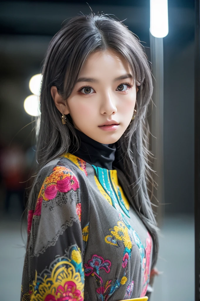 masterpiece, high quality, high resolution, 8k, (alone:1.2), ((1 woman)), japanese girl, detailed face, detailed eyes, correct body structure, upper body, ((gray hair:1.2)), very long hair, messy hair, slim body, Seductive silhouette, shining bones, depth of field, dark photo at night, dimly lit, forehead, movie lights, Tyndall effect, abstract background, futuristic clothing, vivid colors, modern style, wide sleeves, artistic, unique pattern, fancy, Refined, tendency