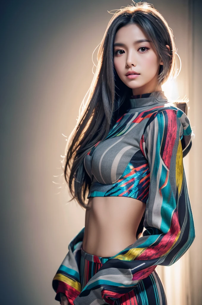 masterpiece, high quality, high resolution, 8k, (alone:1.2), ((1 woman)), japanese girl, detailed face, detailed eyes, correct body structure, upper body, ((gray hair:1.2)), very long hair, messy hair, slim body, Seductive silhouette, shining bones, depth of field, dark photo at night, dimly lit, forehead, movie lights, Tyndall effect, abstract background, futuristic clothing, vivid colors, modern style, wide sleeves, artistic, unique pattern, fancy, Refined, tendency