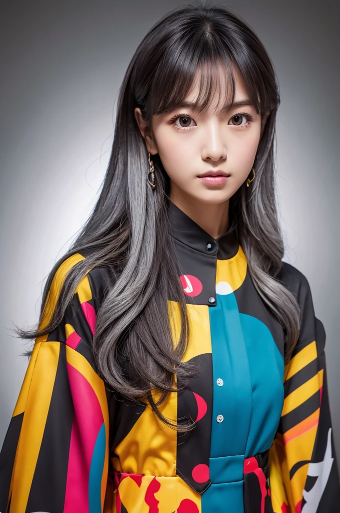 masterpiece, high quality, high resolution, 8k, (alone:1.2), ((1 woman)), japanese girl, detailed face, detailed eyes, correct body structure, upper body, ((gray hair:1.2)), very long hair, messy hair, slim body, Seductive silhouette, shining bones, depth of field, dark photo at night, dimly lit, forehead, movie lights, Tyndall effect, abstract background, futuristic clothing, vivid colors, modern style, wide sleeves, artistic, unique pattern, fancy, Refined, tendency