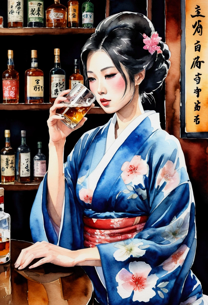 Beautiful Japanese woman in a kimono drinking whiskey on the rocks in a dimly lit bar Very beautiful Japanese women Depiction of the upper body Detailed eyes With a melancholy look sorrow Jazz Bar watercolor watercolor art Ink illustration Highest quality Highest quality smokyで薄暗い雰囲気のJazz Bar Blurred Background bluesy cigarette in mouth
