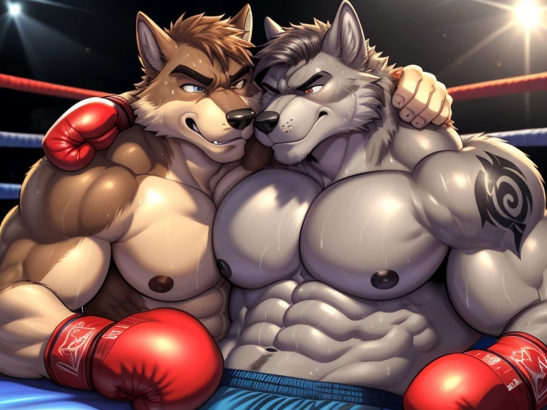 Duo male(Gray Wolf vs Brown Wolf, handsomes, handsome hairstyle, Thick eyebrows, detailed face), gay(Lying down, cuddling embraced on his chest, on a bedroom match), hot(Shirtless), handsomes(They are handsomes, correct anatomy), musculosos(Big muscle bodies, Six packs, muscle abs, big pecs), sweaty(very sweaty wet bodies, shiny sweat), tatuajes(they have tattoos), grumpy(Both have an grumpy expression, grumpy teeths, steaming breath), boxing gloves(They both are wearing boxing gloves), boxing gear(They both are wearing boxing gear), Hight resolution, by(Zourik:1.1)