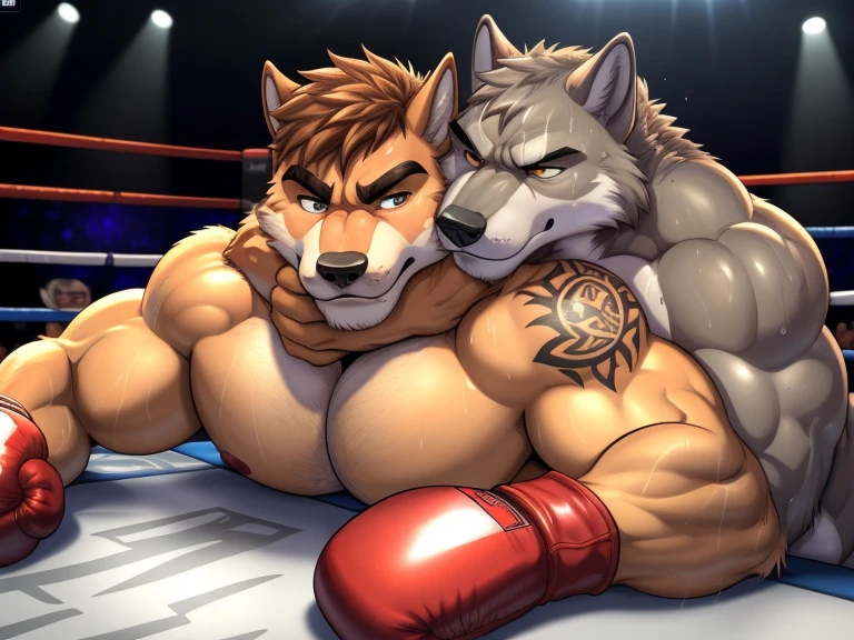 Duo male(Gray Wolf vs Brown Wolf, handsomes, handsome hairstyle, Thick eyebrows, detailed face), gay(Lying down, embraced from behind, holding his neck from behind, cuddling embraced, on a boxing match), hot(Shirtless), handsomes(They are handsomes, correct anatomy), musculosos(Big muscle bodies, Six packs, muscle abs, big pecs), sweaty(very sweaty wet bodies, shiny sweat), tatuajes(they have tattoos), grumpy(Both have an grumpy expression, grumpy teeths, steaming breath), boxing gloves(They both are wearing boxing gloves), Hight resolution, by(Zourik:1.1)