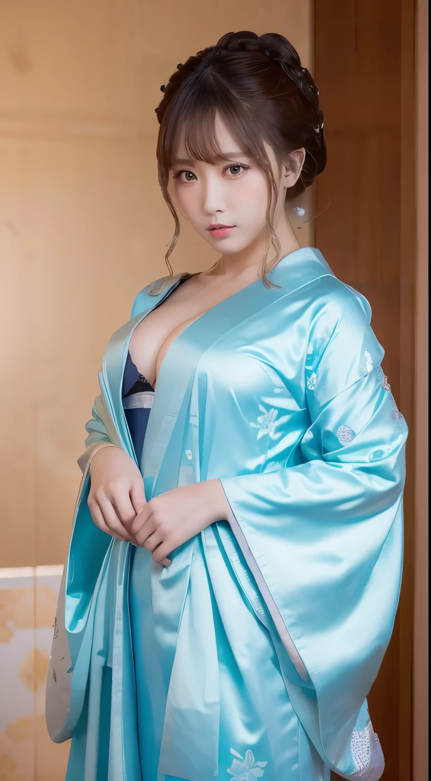 ((masterpiece(:1.4)，Highest quality，Ultra-high resolution，Highest quality，8k，Extremely detailed，In detail))。night，Japanese，(A beautiful woman)，glossy，slim，Large Breasts(1.6)，sexy，glamorous，Golden Ratio Style，Perfect Style，White powder applied to face and neck，Flashy gal makeup，Red light district，Bedroom，Oiran，Prostitute，Sunny day outfit，Uchikake，Gold brocade，((A gorgeous kimono))，A cutting board belt tied in front，Hair tying，hairpin，hair ornaments，Gorgeous costumes，Beautiful standing posture，Presence，Exude sex appeal，looking at the camera，