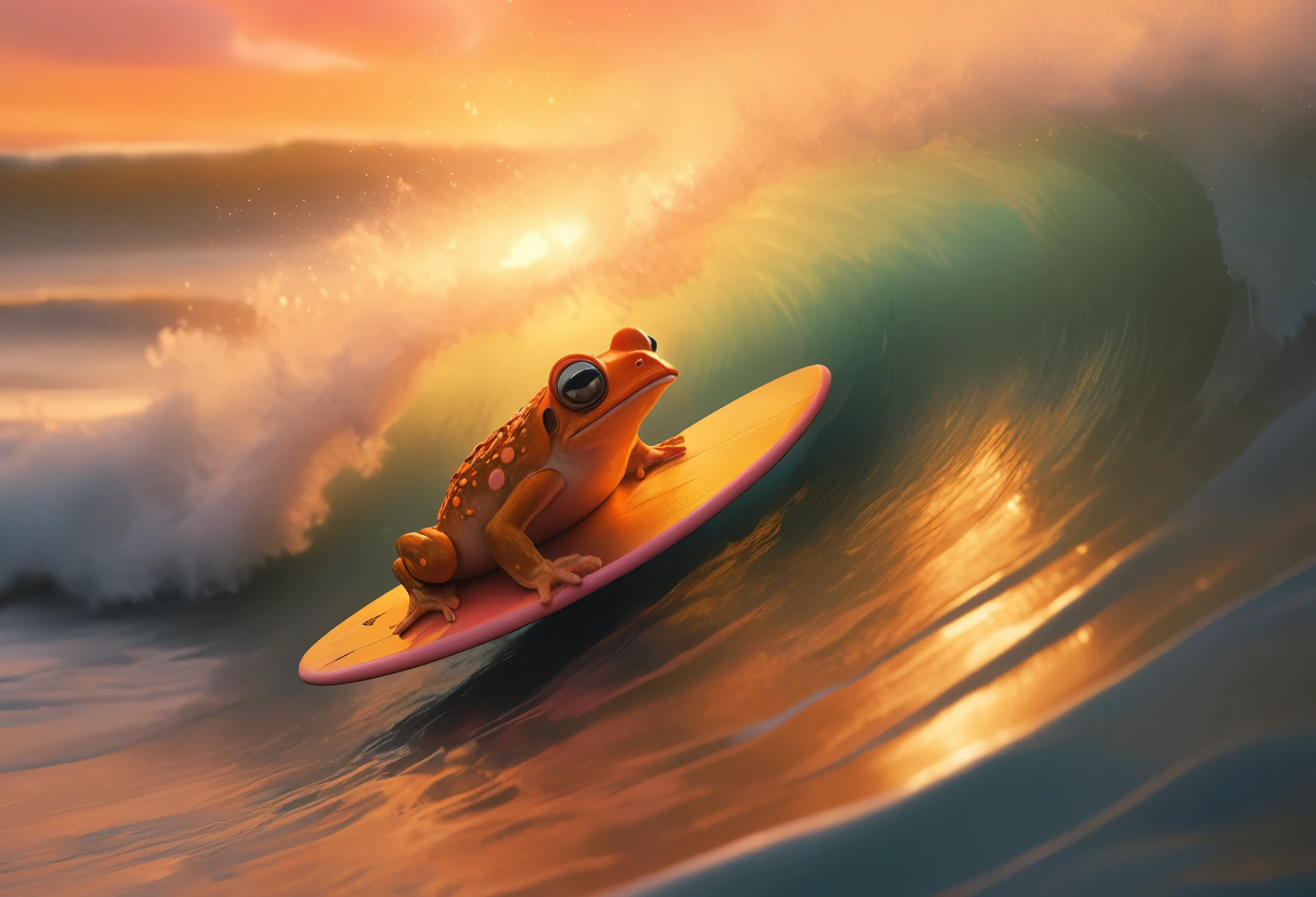 a tiny, lost rubber toad in an action shot close-up, surfing the humongous waves, inside the tube, in the style of Kelly Slater, adding to the sense of isolation and vulnerability. The sun sets in the background, casting a warm, golden glow across the sky, with orange and pink hues illuminating the ocean's vastness.