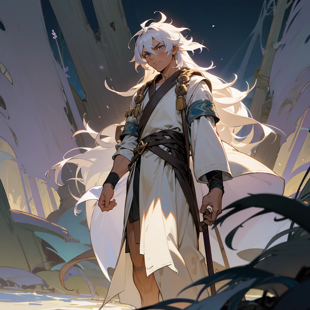 1male, muscular, tan skin, young teen, finely detailed lavander eyes, wild long hair, messy hair, seashell white color hair, adventurer gear, greek robes, night time, dark forest, somber expression, angry, flowers, standing on path, lanturns, black armband, cut over eyebrow