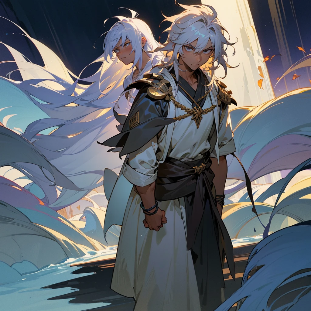 1male, muscular, tan skin, young , finely detailed lavander eyes, wild long hair, messy hair, seashell white color hair, adventurer gear, greek robes, night time, dark forest, somber expression, angry, flowers, standing on path, lanturns, black armband, cut over eyebrow