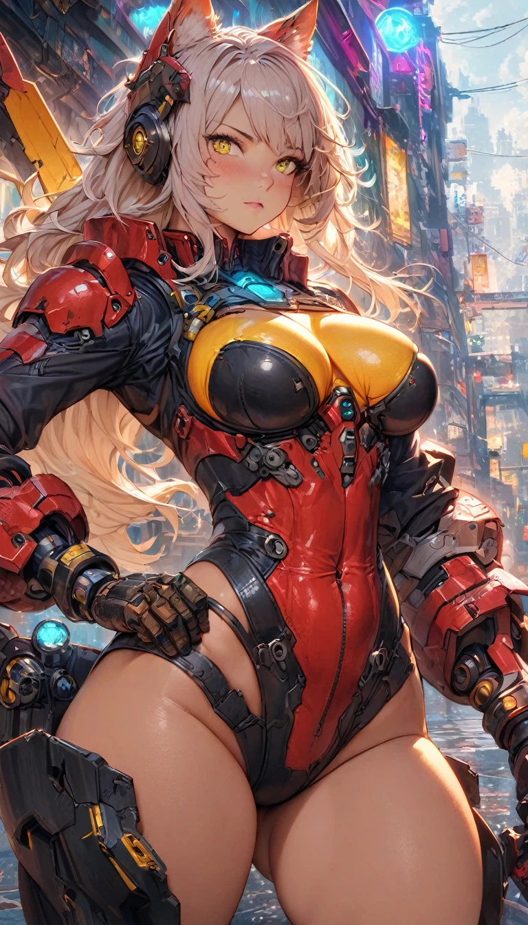best quality,4k,8k, highres, masterpiece:1.2), extremely detailed eyes, extremely detailed body, (large masterpiece digital art), (detailed manga illustration), (detailed line art), ((perfect anatomy)), (intricate details:1.3), (ultra-detailed:1.3), (illustration:1.3), (sharp focus:1.3), (natural lighting:1.05), (vivid colors:1.3), (masterpiece), (best quality:1.4), (perfect anatomy:1.4), high quality, expressive eyes, full body, tall girl, detailed face, beautiful face, perfect face, breasts, gloves, large breasts, cyberpunk, (black armor), azure armor, long hair, ((tanned skin)), straight hair, detailed (ash gray hair), detailed eyes, (yellow eyes), fox ears, fox tail, hourglass physique, mecha musume, fortified suit, mechanical parts, headgear, robot joints, bodysuit, deva battle suit, gloves, thick thighs, toned, emblem, superhero, dynamic lighting, 4k resolution, dynamic pose, weapon, energy weapon portrait, Jeff Bridges, ((cartoon style)), Marvel Cinematic Universe style, (((alien city in the background))), soft bokeh of futuristic city, Atey Ghailan, Jeremy Mann, Greg Manchess, Antonio Moro, trend in ArtStation, trend in CGSociety, Intricate, High Detail, Sharp focus, dramatic and photorealistic painting art by Midjourney and Greg Rutkowski, bokeh in the background