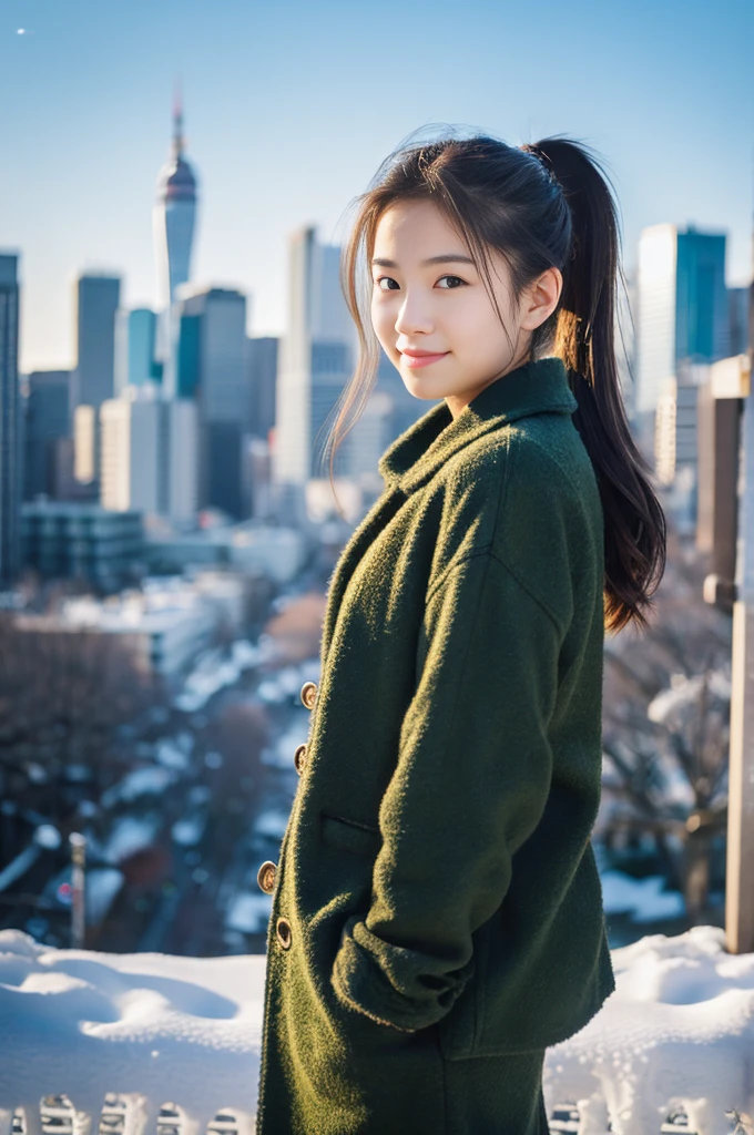 Photorealistic, 8k whole bodyポートレート, Beautiful woman, Attractive look, ponytail, , Tokyo, Winters, Shibuya in the background,whole body