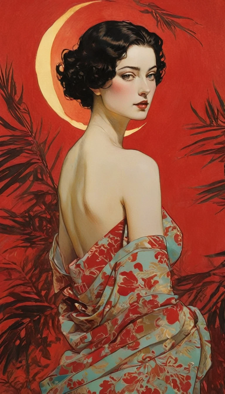 Sexy illustration of an elegant queen using chiaroscuro (((Short hair without bangs:1.4、beautiful eyes) , High quality ,Silk dress, matte paint, John Singer Sargent, author:Katsuya Terada、 Very soft colors, Deep and vivid, Deep red pastel, Very detailed, The art of math, High contrast, dramatic, complicated, Tone, close, Sexy and romantic、masterpiece、The Minimalists、