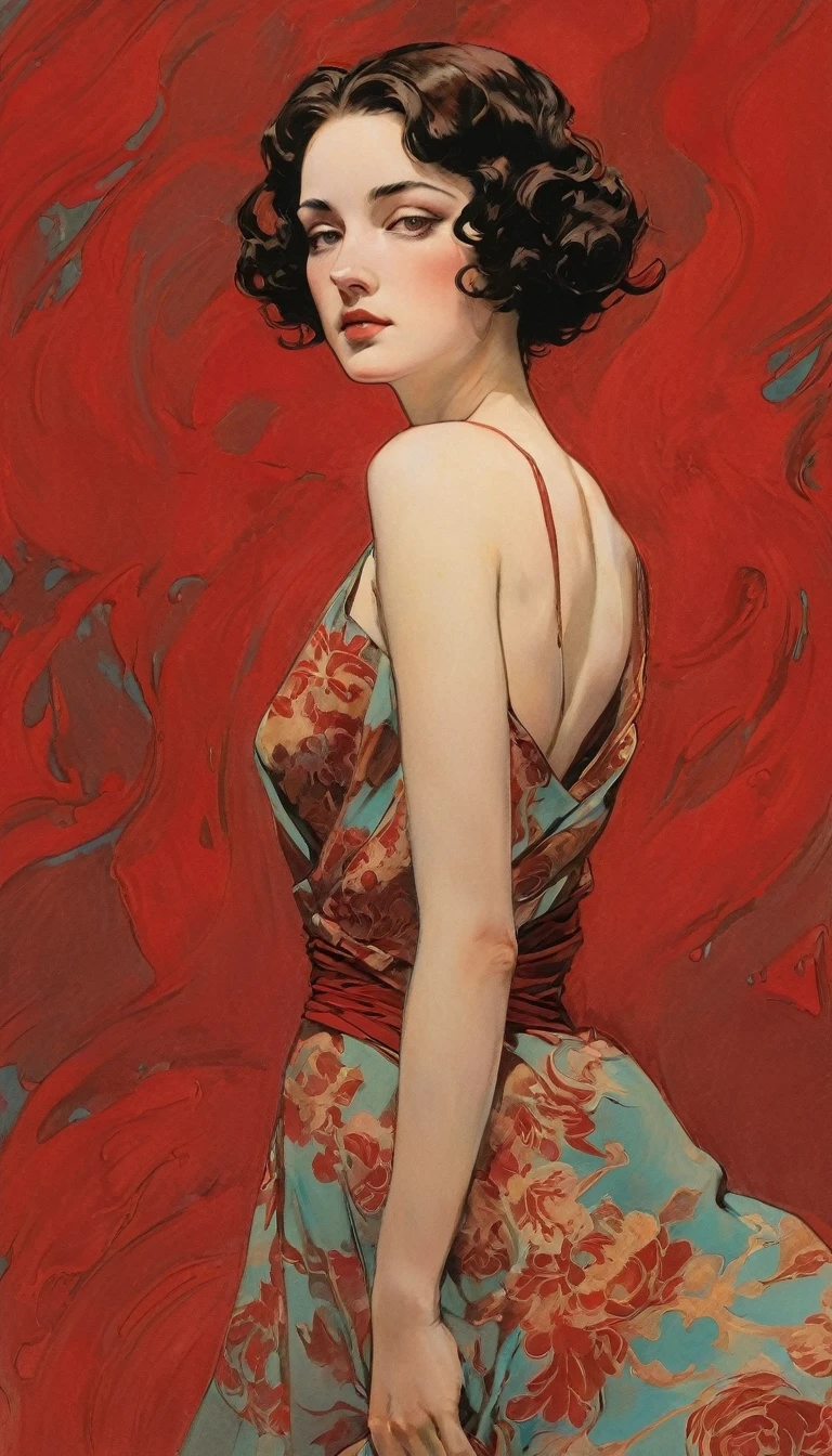 y illustration of an elegant queen using chiaroscuro (((Short hair without bangs:1.4、beautiful eyes) , High quality ,Silk dress, matte paint, John Singer Sargent, author:Katsuya Terada、 Very soft colors, Deep and vivid, Deep red pastel, Very detailed, The art of math, High contrast, dramatic, complicated, Tone, close, Sexnd romantic、masterpiece、The Minimalists、