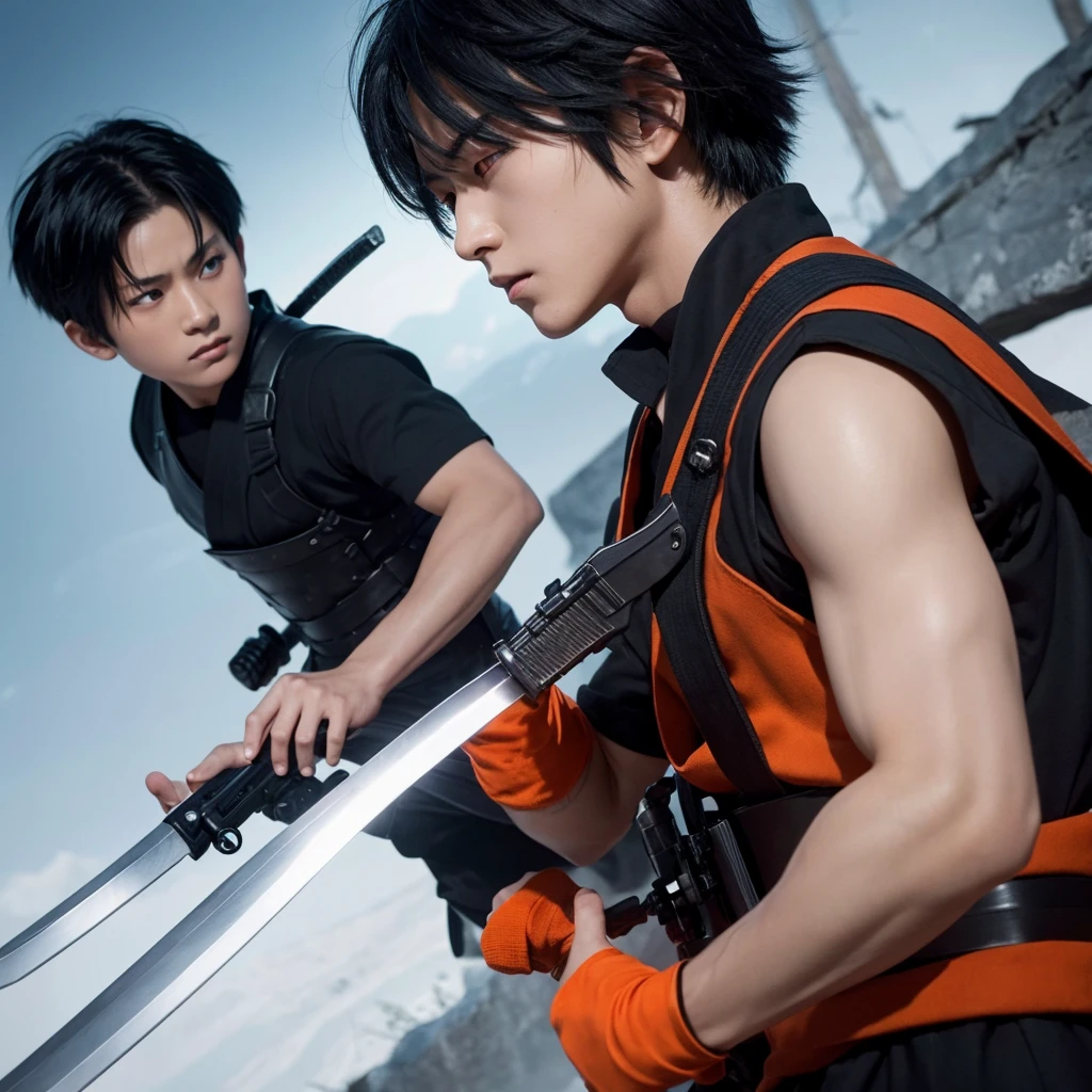 Short black hair、A scene in which a boy with red eyes and a Japanese sword fights with a boy with white hair and orange eyes holding a gun