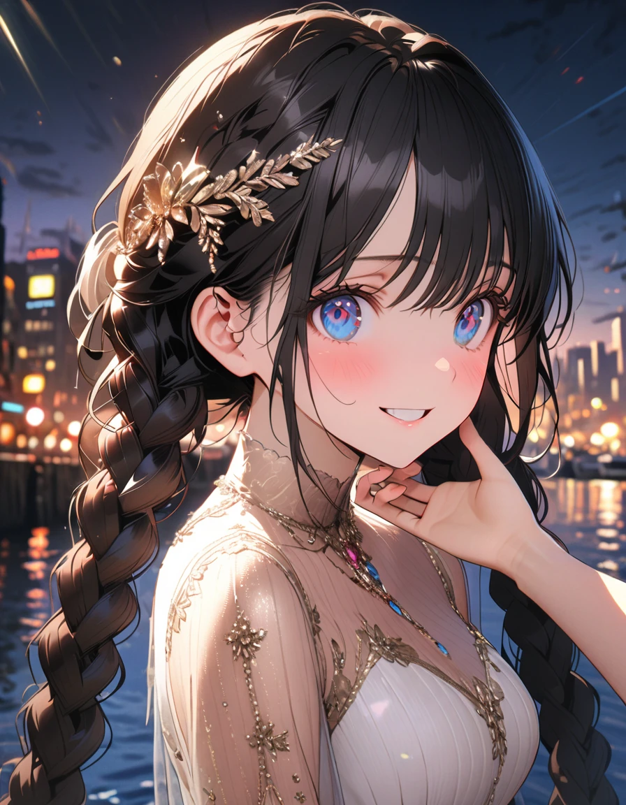1 Female\(prince,cute,cute,20-year-old,Long braids,Black Hair,Eye color: Ocean blue,Big eyes,Dynamic pose,,Loose-lipped,Wearing a beautiful lace dress,suffer,Scared,Playfully、panic、smile、Bitter smile、Confused,(Grab her throat),avert your eyes,look up\), BREAK ,background\(city,coastal\), BREAK ,quality\(8k,Highly detailed CG unit wallpaper, masterpiece,High resolution,top-quality,top-quality real texture skin,surreal,Increase the resolution,RAW Photos,highest quality,Very detailed,wallpaper,Cinema Lighting,Ray-tracing,Golden Ratio\),[Browsing Caution]