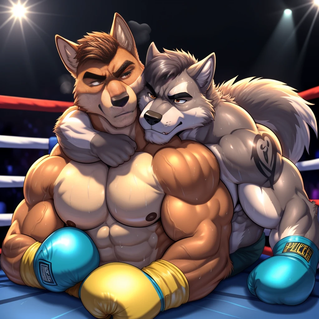 Duo male(Gray Wolf vs Brown Wolf, handsomes, handsome hairstyle, Thick eyebrows, detailed face), gay(Lying down, embraced from behind, holding his neck from behind, cuddling embraced, on a boxing match), hot(Shirtless), handsomes(They are handsomes, correct anatomy), musculosos(Big muscle bodies, Six packs, muscle abs, big pecs), sweaty(very sweaty wet bodies, shiny sweat), tatuajes(they have tattoos), grumpy(Both have an grumpy expression, grumpy teeths, steaming breath), boxing gloves(They both are wearing boxing gloves), Hight resolution, by(Zourik:1.1)