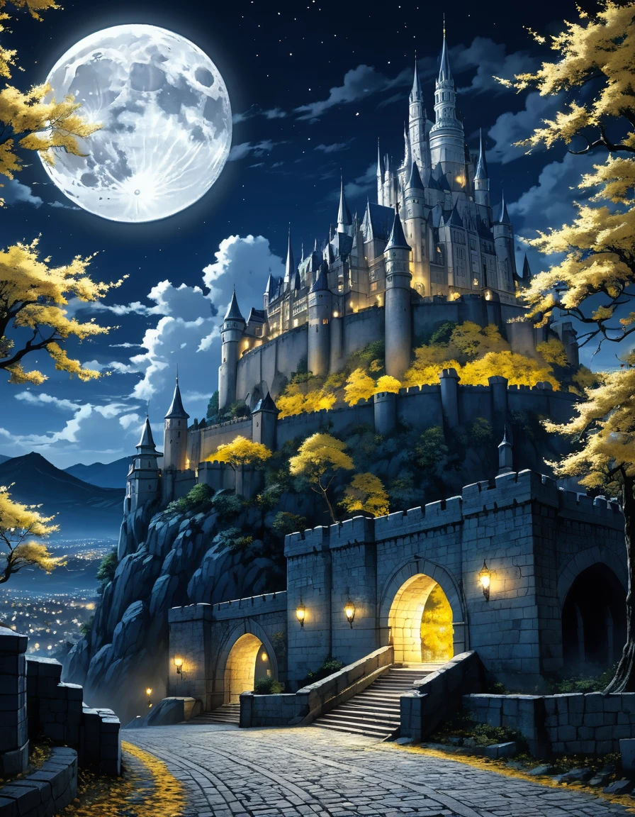  anime aestetics, anime scenery, gigantic blue moon over the castle, capital of ashes, stone roads, tall white stone buildings, beautiful architecture, elden ring capital, night, fullmoon, tall trees with silver leaves, elden ring scenery, gigantic structure, medieval capital, dark fantasy setting, dark night, grey yellow an blue colours, atmospheric perspective, perspective, wide shot, from side, 4K, 8k, highres, best quality, award winning, super detail, accurate, masterpiece, UHD