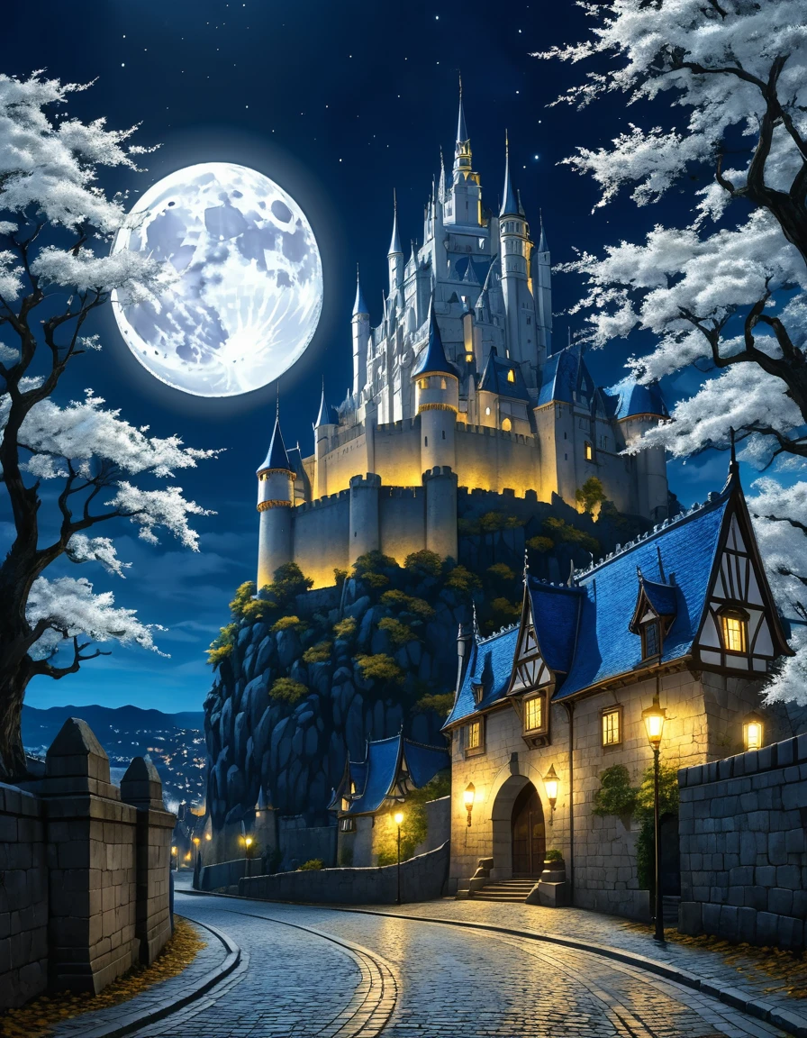  anime aestetics, anime scenery, gigantic blue moon over the castle, capital of ashes, stone roads, tall white stone buildings, beautiful architecture, elden ring capital, night, fullmoon, tall trees with silver leaves, elden ring scenery, gigantic structure, medieval capital, dark fantasy setting, dark night, grey yellow an blue colours, atmospheric perspective, perspective, wide shot, from side, 4K, 8k, highres, best quality, award winning, super detail, accurate, masterpiece, UHD