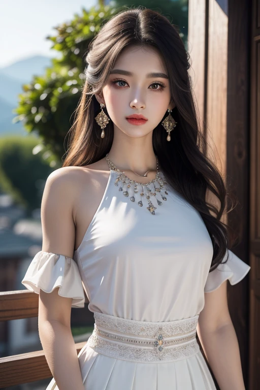 realism: 1.3, masterpiece, best quality, high resolution, detail: 1.2, 1 girl, Hairpin, Pretty Face, Exquisite eyes, Tassel Earrings, necklace, elegant standing posture, aesthetics, light, Ray Tracing, Depth of Field, Layering, Flutter, Sportswear, climb mountains