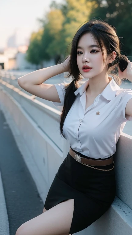 Pretty thai woman walking , (8k, best quality, masterpiece, ultra highres:1.2) Photo of Pretty thai woman beautiful, beautiful enchanting fashion contemporary painting with , (1girl), (white shirt short sleeves), ((black pencil skirt)), belt , realistic skin texture , round chin, 85 mm art lens, f 1. 2, sharp focus, 8 k high definition, insanely detailed, intricate, elegant, large breasts, big breasts , black skirt , twin tails hair