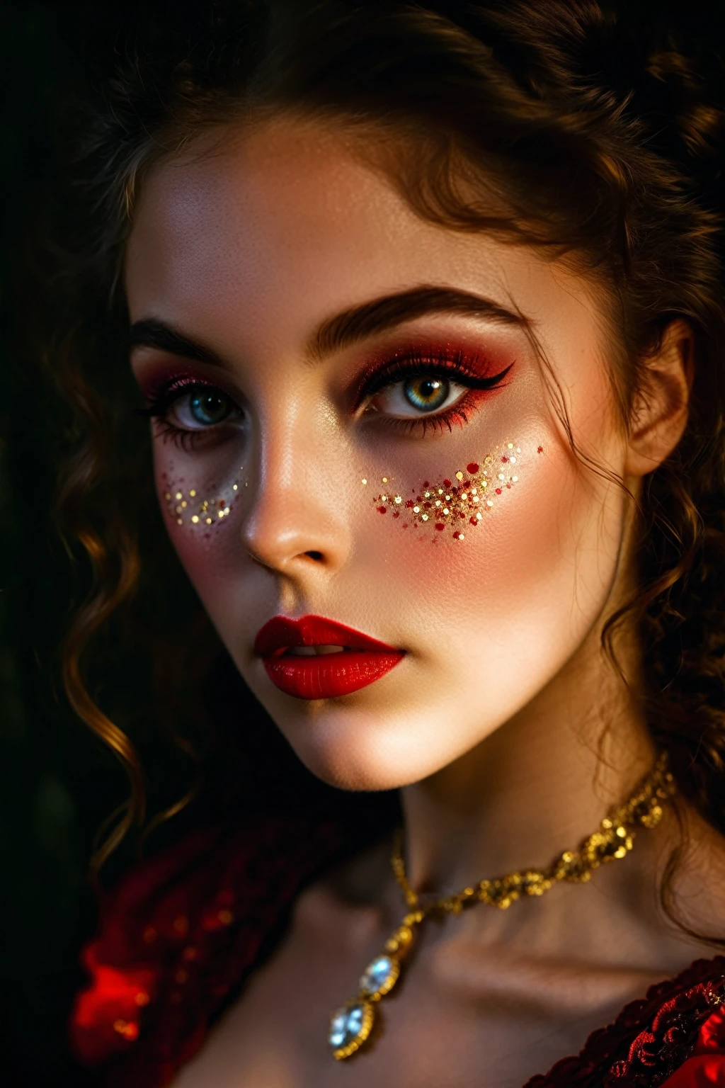 realistic photography a cute magical vampire with sensual lips in an enchanted wonderland, beautiful whimsical fantasy art concept, detailed background, glowing particles, intricate details, ultra sharp, realism,,highly detailed skin with freckles low key photography, dramatic lighting, deep shadows, rich contrast, moody atmosphere, intense emotions, cinematic feel, mysterious ambiance, emphasizing shape and form, creating depth, evoking drama, storytelling through shadows, professional technique