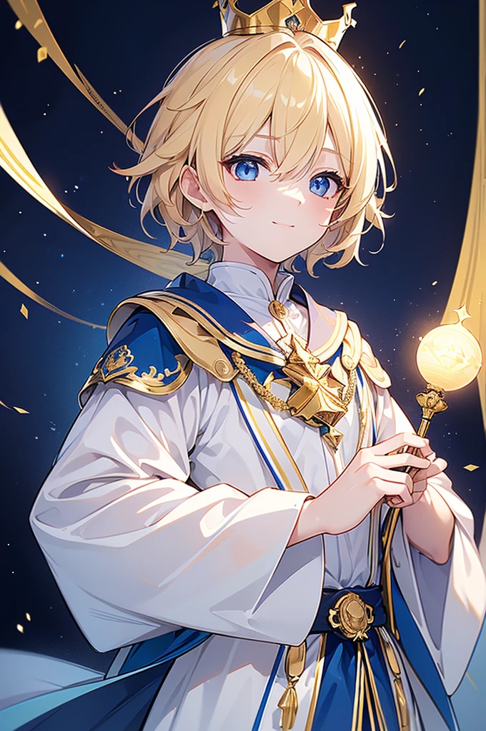 (Highest quality)　(4K)　(8k)　(High resolution)　(masterpiece:1.2)　(Super detailed)　One boy　short hair　Wizard　Blue Eyes　Long sleeve　Golden decoration　Hair between the eyes　White Dress　Wavy golden hair　Upper Body　(large crown)　(White Background)　(profile)　Face close-up　((Young))　smile　Activate magic　(Small body)