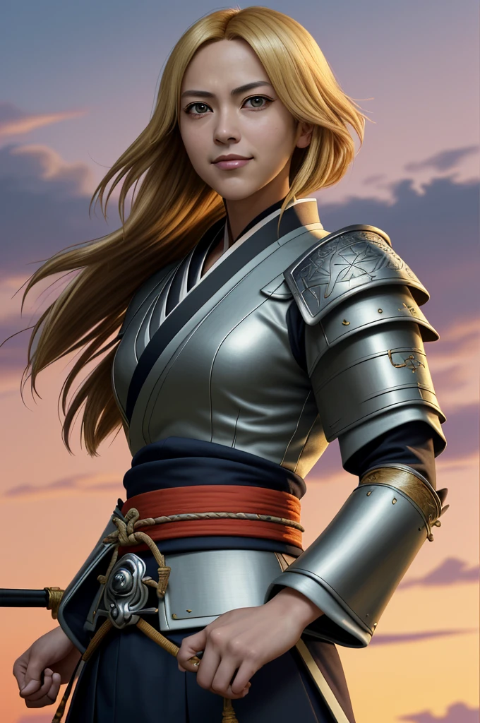 Highest quality, masterpiece, High resolution, alone,（Giorgia Meloni）, smile,, 1 Female,kimono，knife，日本knife，Daimyo，No flag，Jinhaori，Fumaru，Sengoku period，brigandine,gat,hauberk,Evening sky_background，Anime Style, Highest quality, 4K, masterpiece, Middle Age，alone, 1 , Upper Body, (Front angle),(looking at the camera),(Artfully crafted brilliance,),(Two arms)，Looking at the camera, Shinkai Makoto style,blonde_hair， (Full Finger),(Accurate fingertips), (The finer details),(Anatomically correct),(映画のbackground), Hyper Detail, (Subtle details), (Intricate details), Octane Rendering，